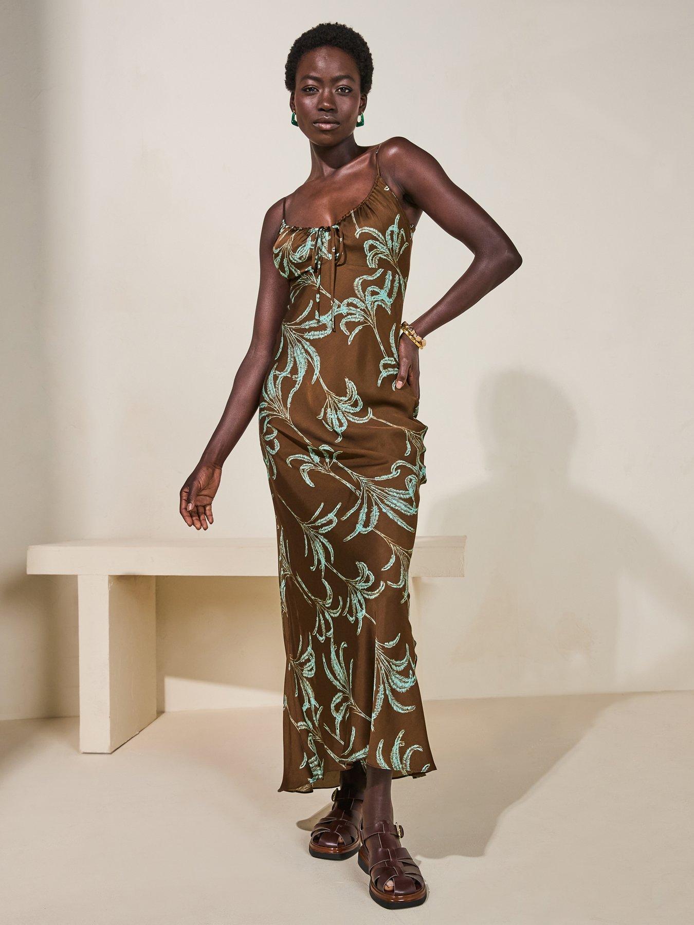 undefined Brown printed satin cami midi dress