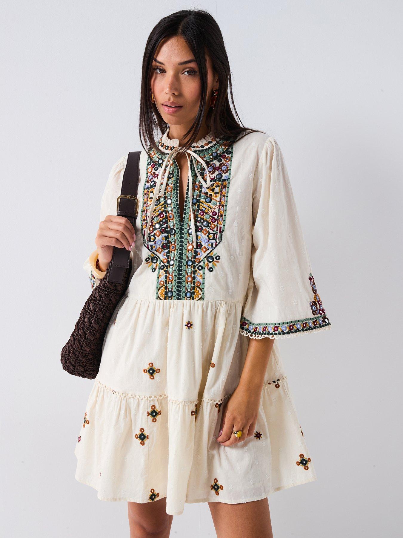 undefined Mirror Embellished Mini Dress - Cream