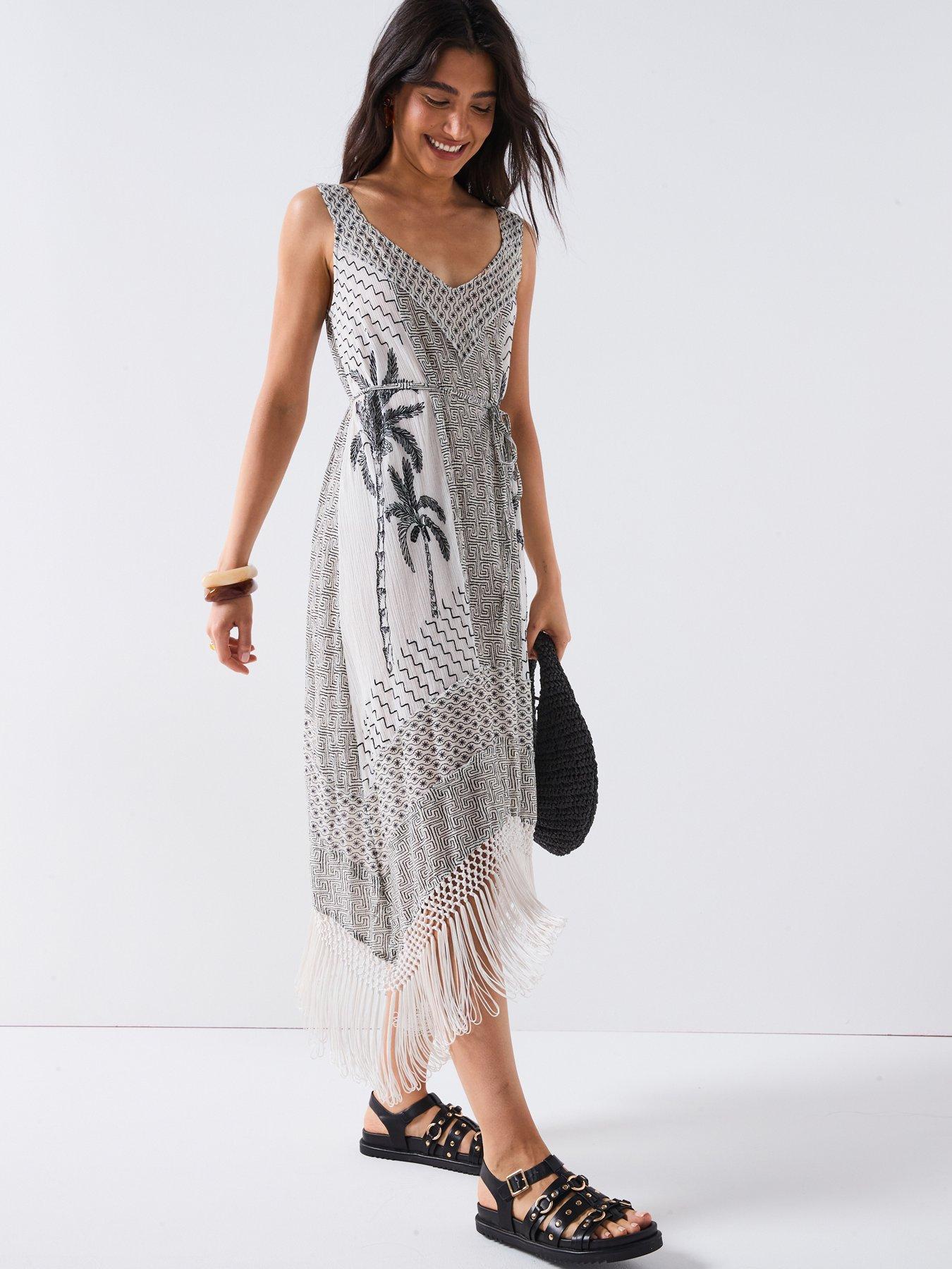undefined Fringed Printed Mono Maxi Dress