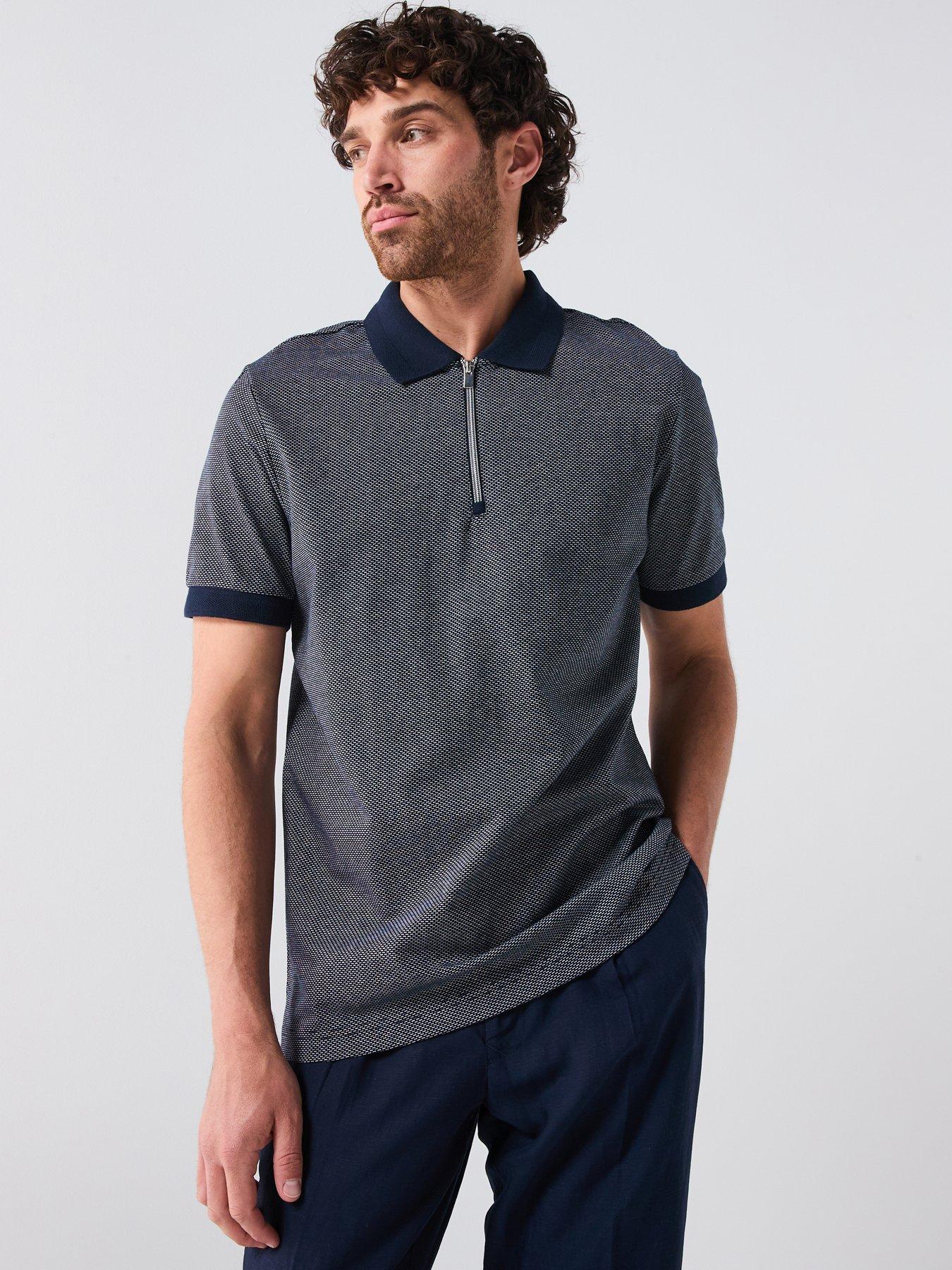 undefined Mercerised Jacquard Zip Neck Polo Shirt - Navy