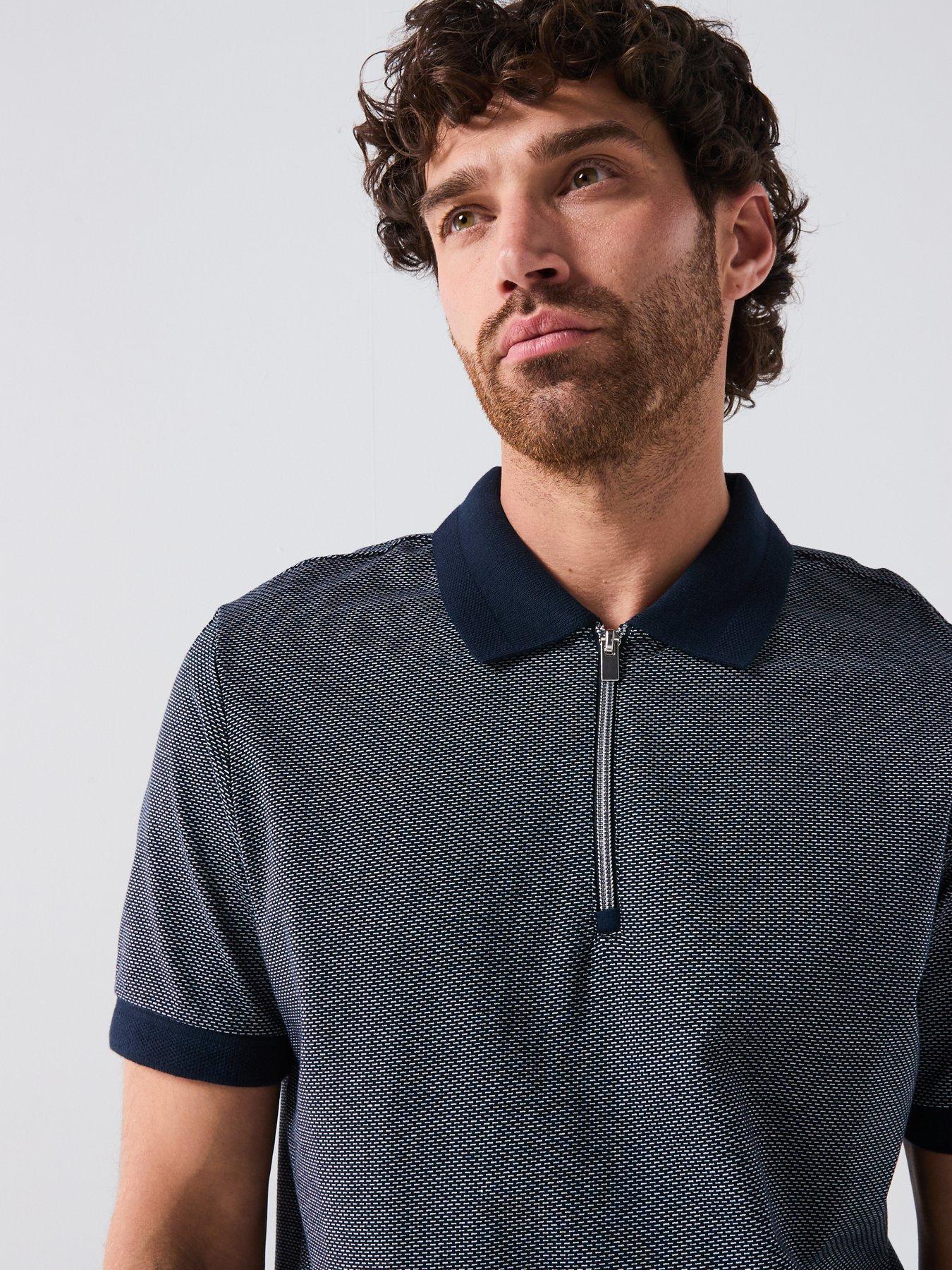 Image 4 of 5 of Very Man Mercerised Jacquard Zip Neck Polo Shirt - Navy