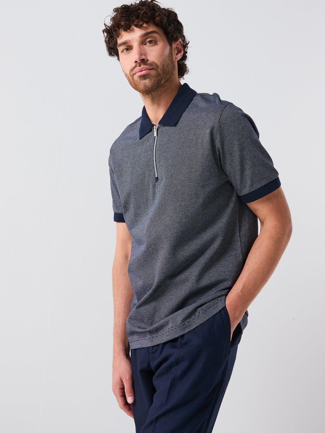 Image 5 of 5 of Very Man Mercerised Jacquard Zip Neck Polo Shirt - Navy