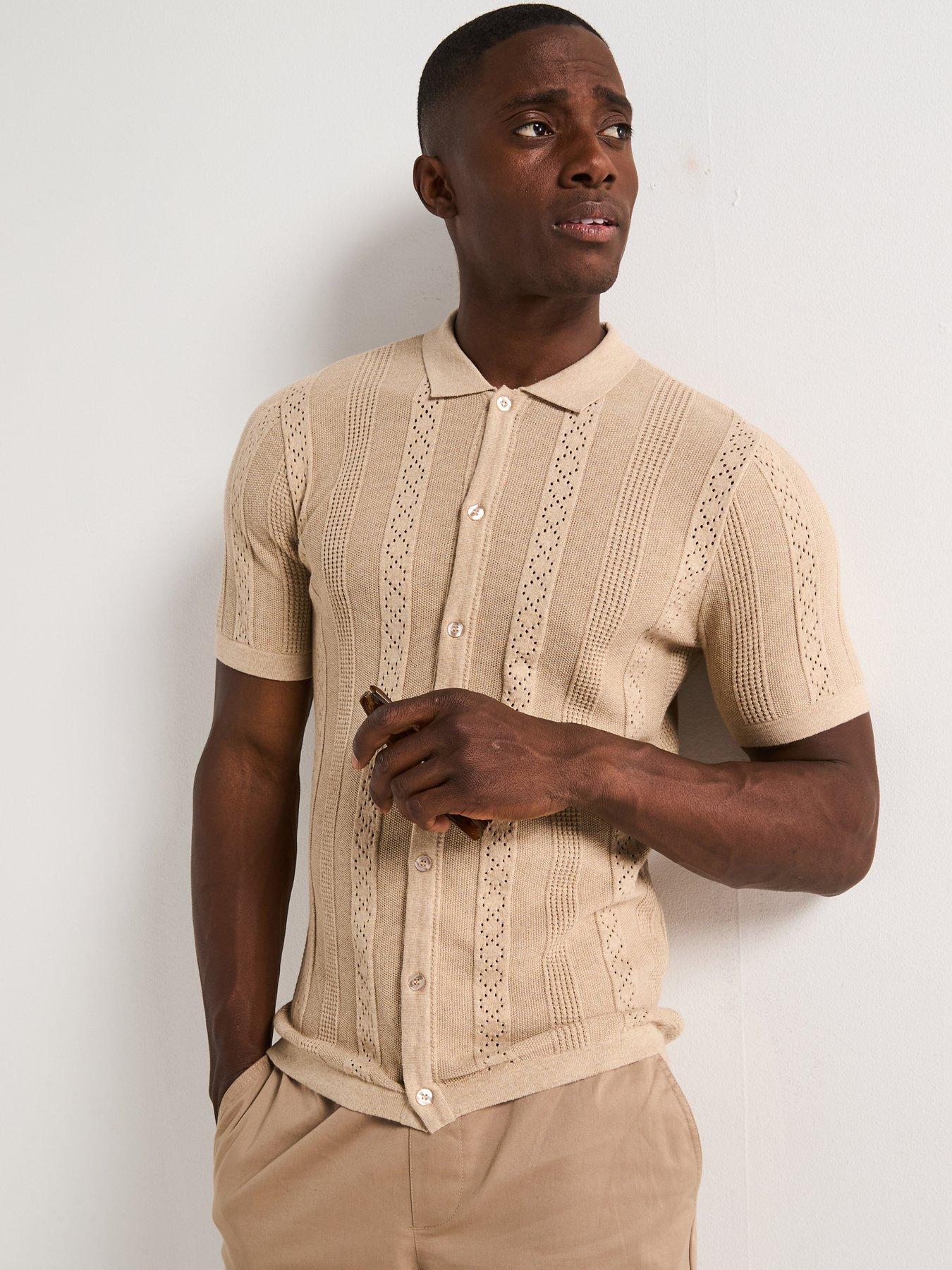 undefined Knitted Button Through Polo Shirt - Stone