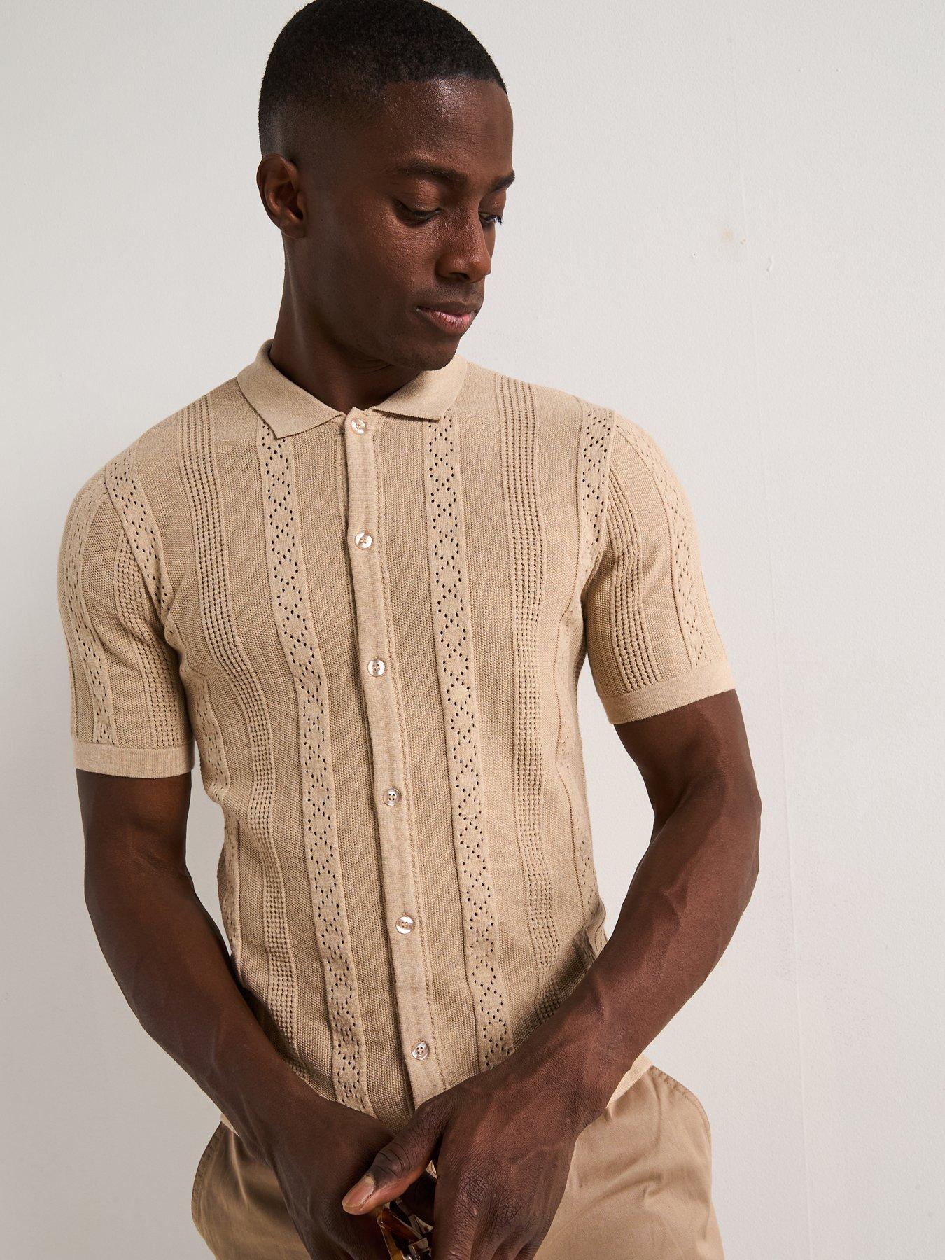 Image 1 of 6 of Very Man Knitted Button Through Polo Shirt - Stone