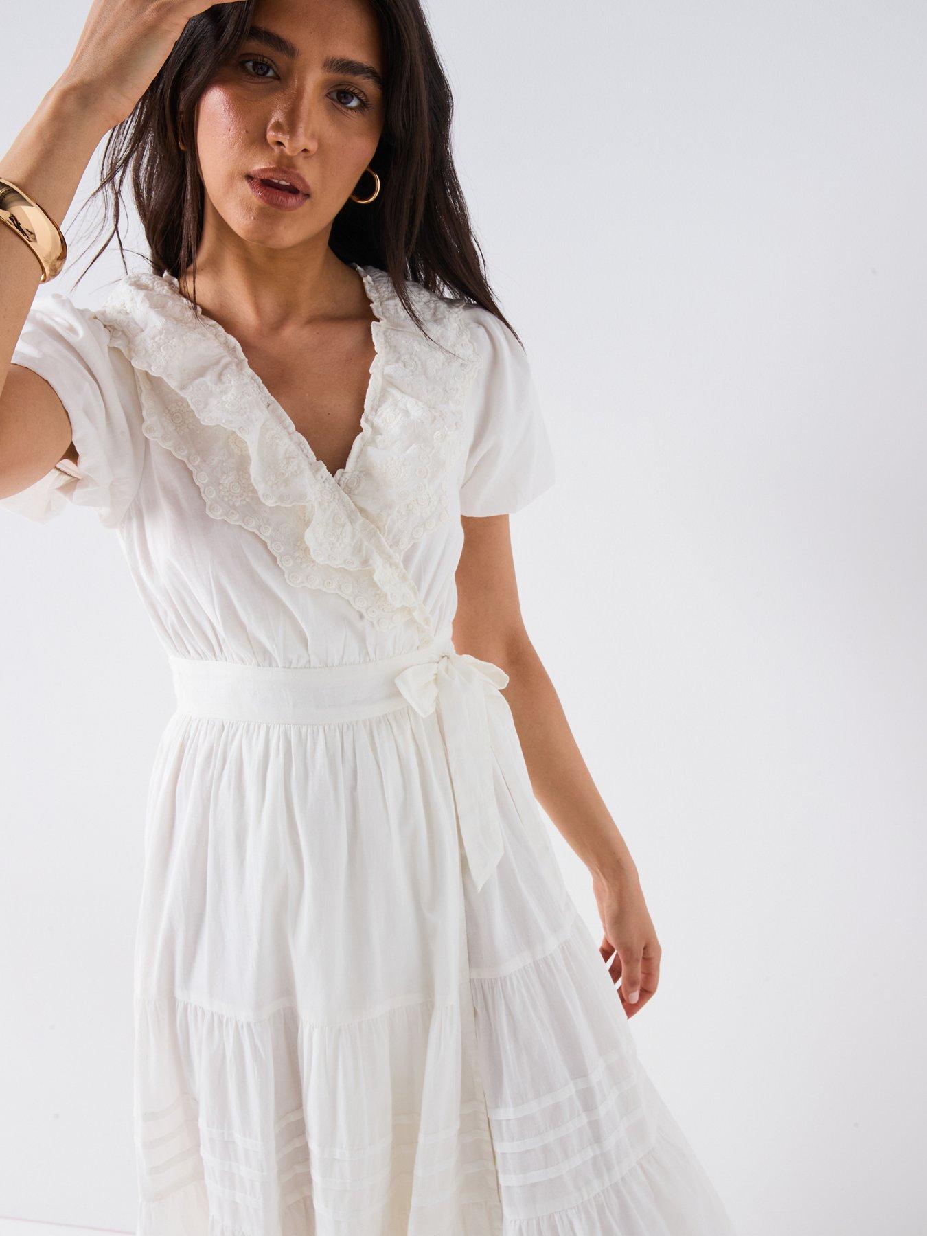 Image 5 of 6 of V by Very Broderie Wrap Midaxi Dress - White