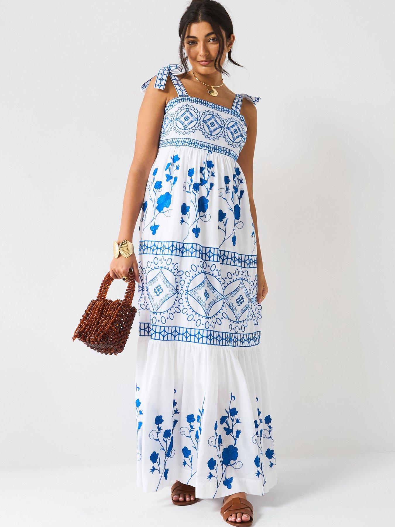 undefined Contrast Embroidered Midaxi Dress - Blue