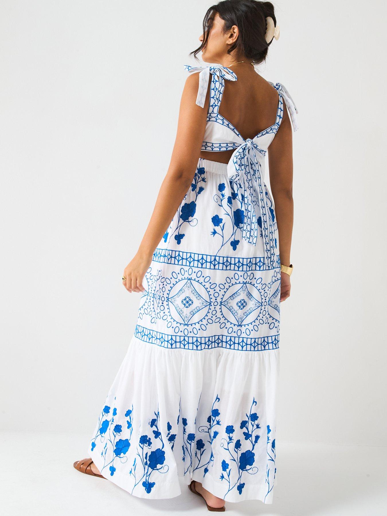 Image 2 of 6 of V by Very Contrast Embroidered Midaxi Dress - Blue