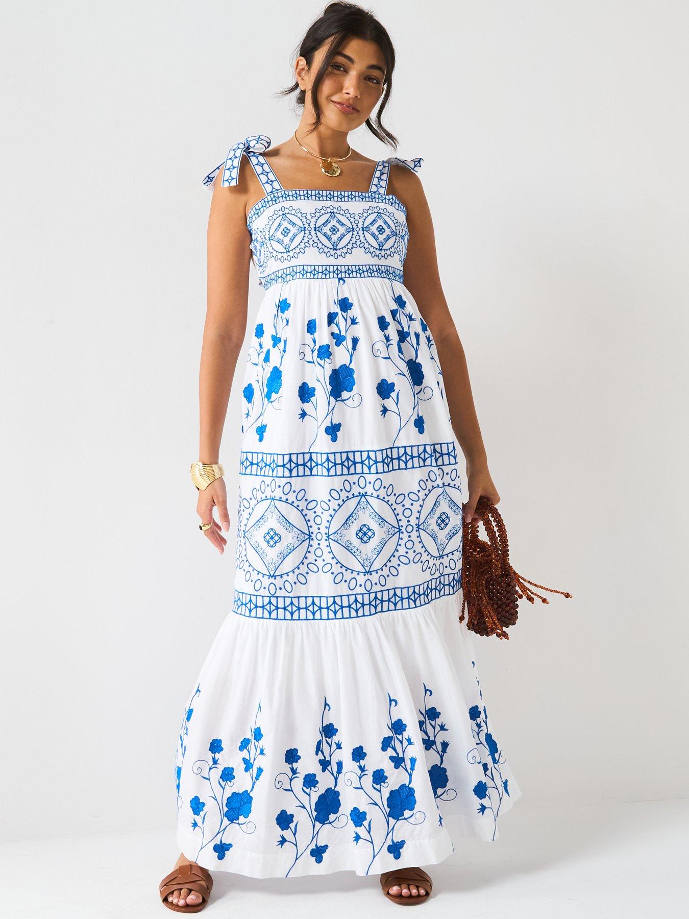 Image 3 of 6 of V by Very Contrast Embroidered Midaxi Dress - Blue