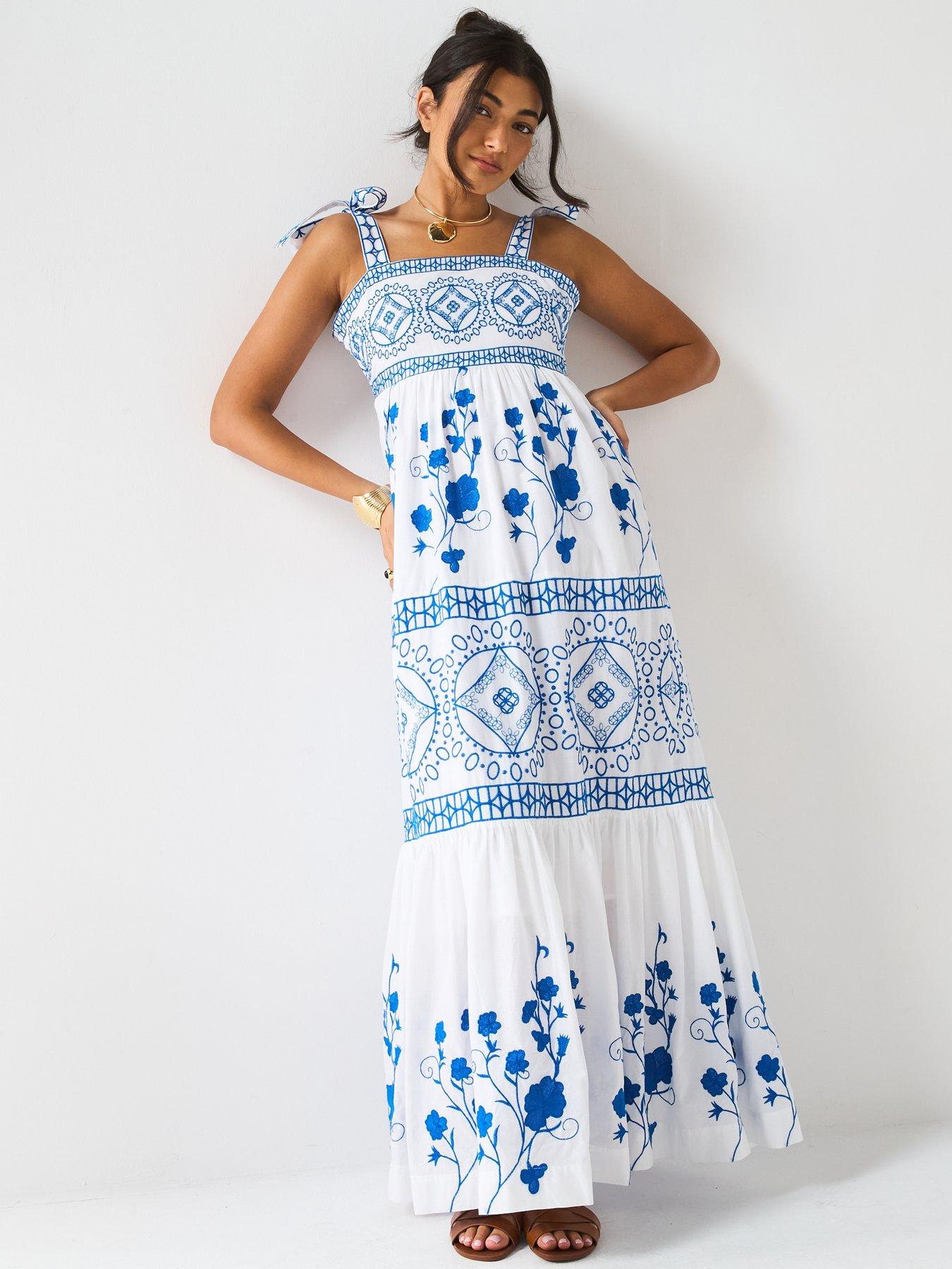 Image 4 of 6 of V by Very Contrast Embroidered Midaxi Dress - Blue