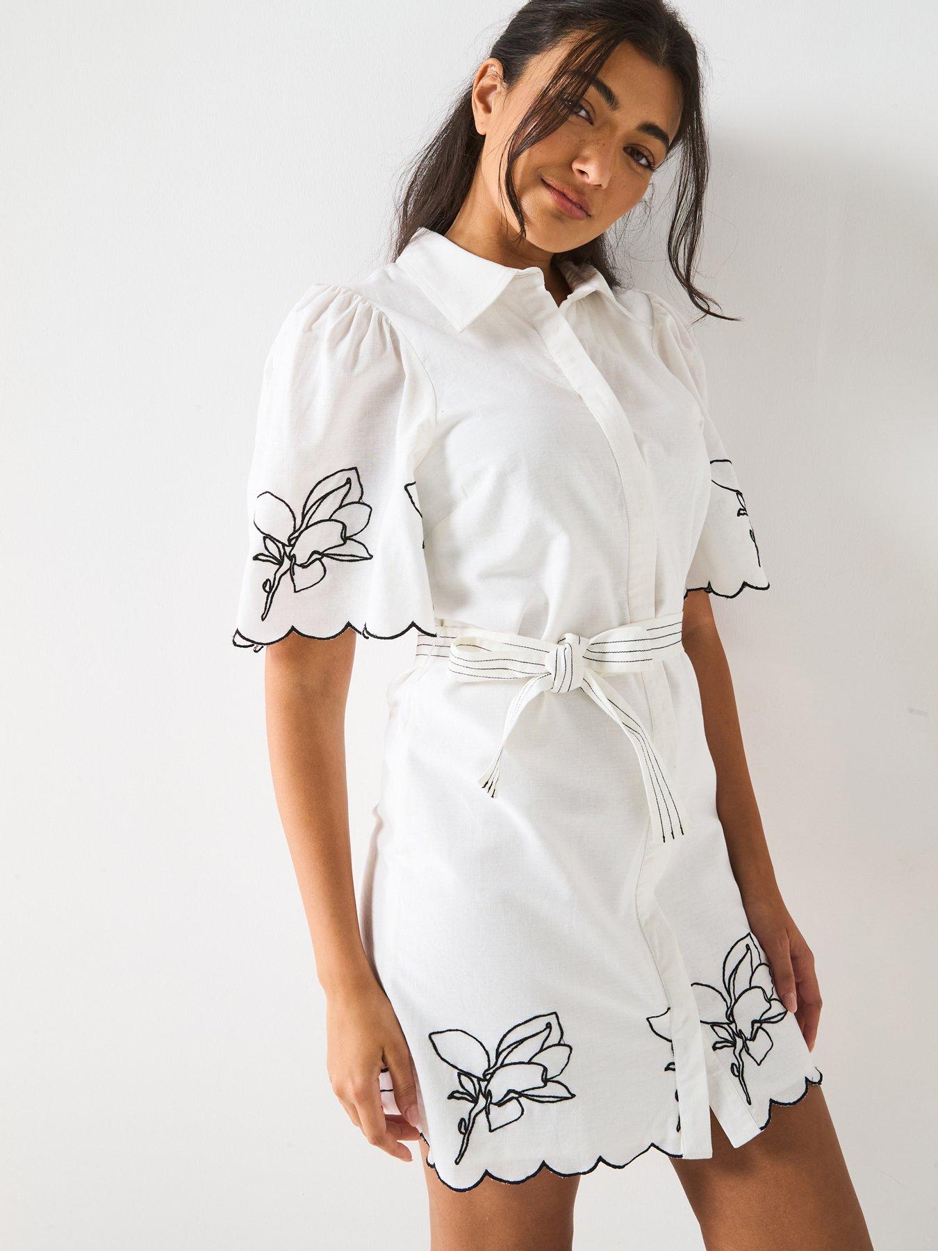 undefined Embroidered Tie Waist Mini Dress - White