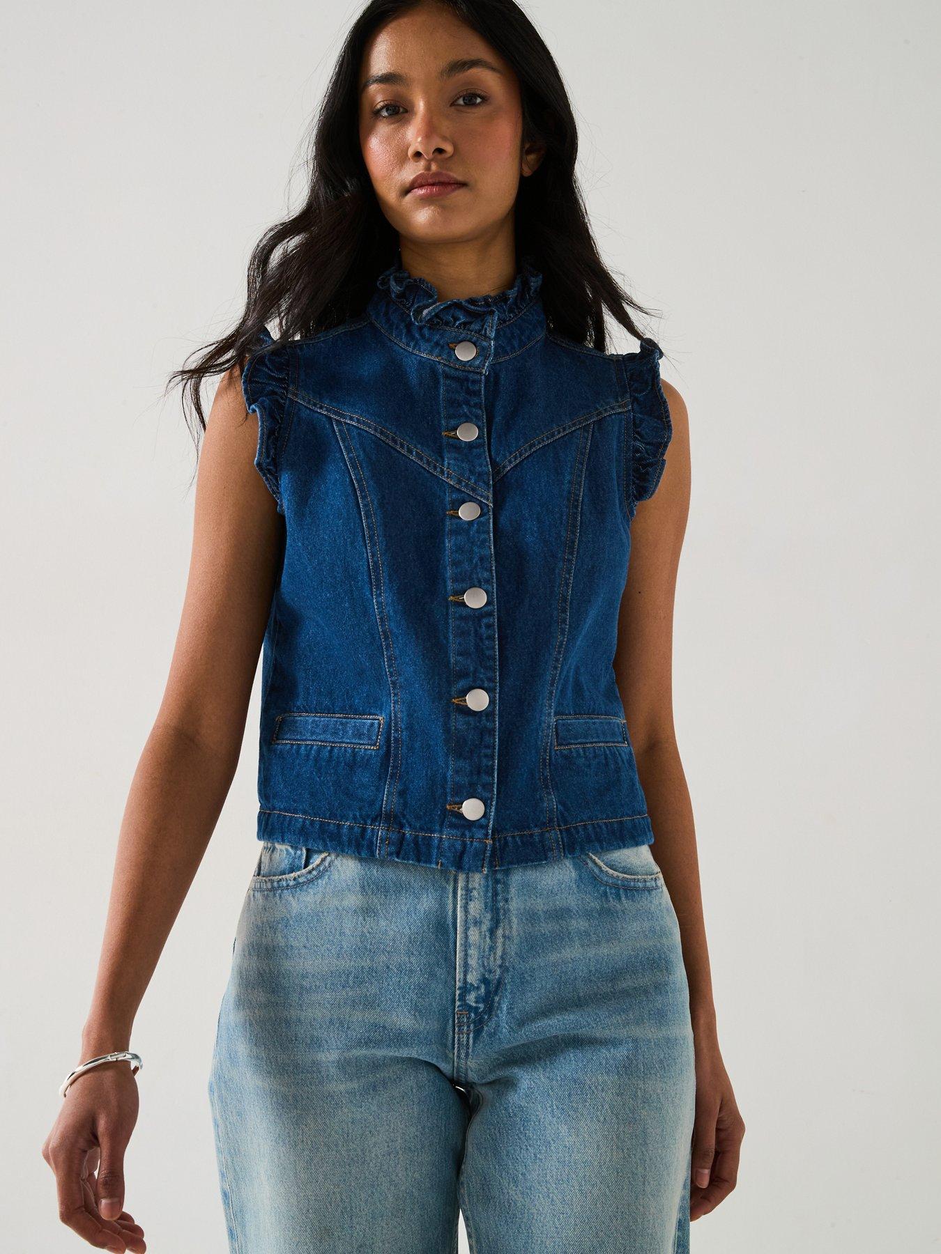undefined Ruffle Denim Vest - Dark Wash