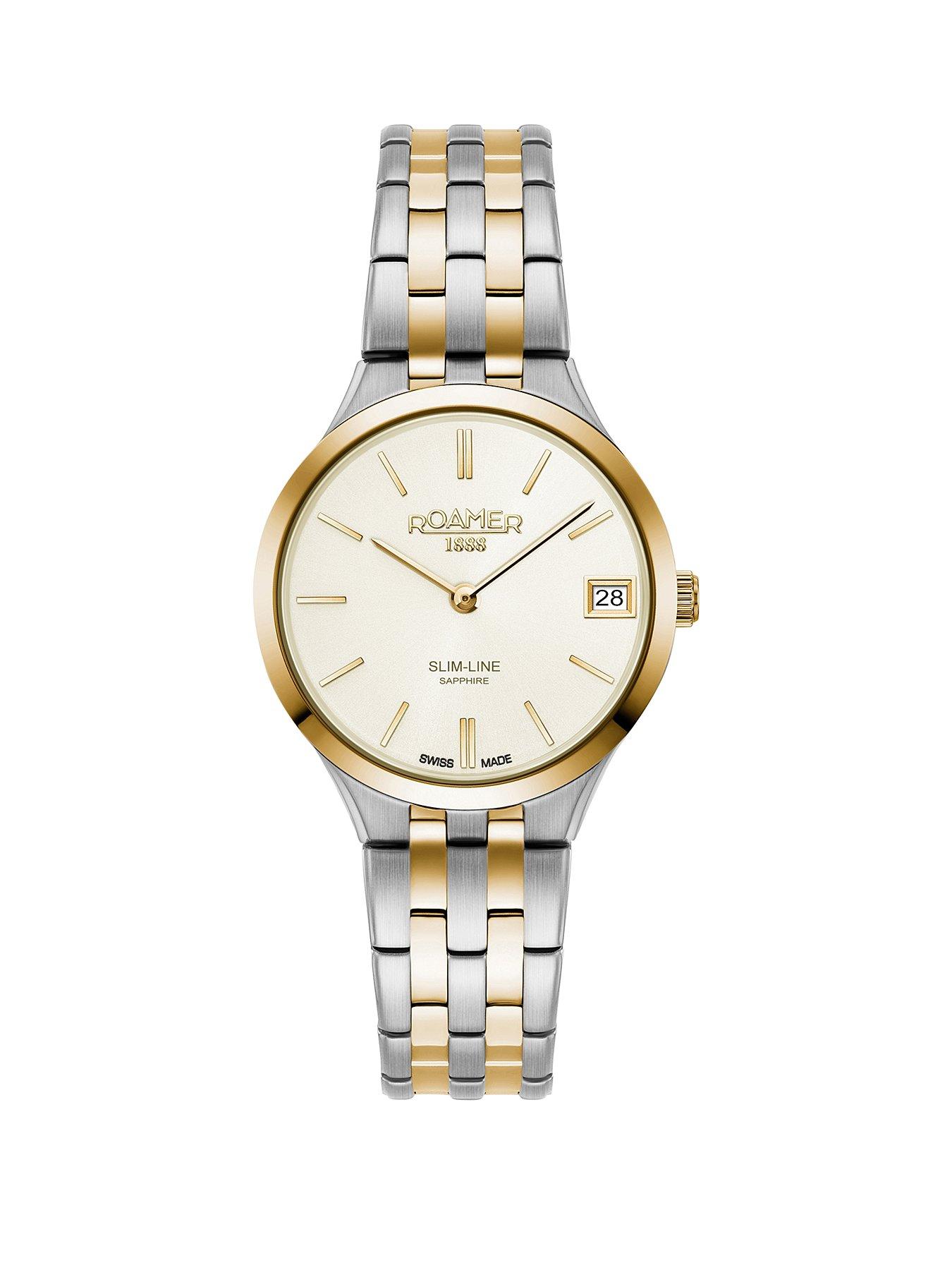 Product photograph of Roamer Swiss Made Slim-line Classic Ladies With A Champagne Dial In A Gold Ip Two Tone Stainless Steel Case And Bracelet from very.co.uk