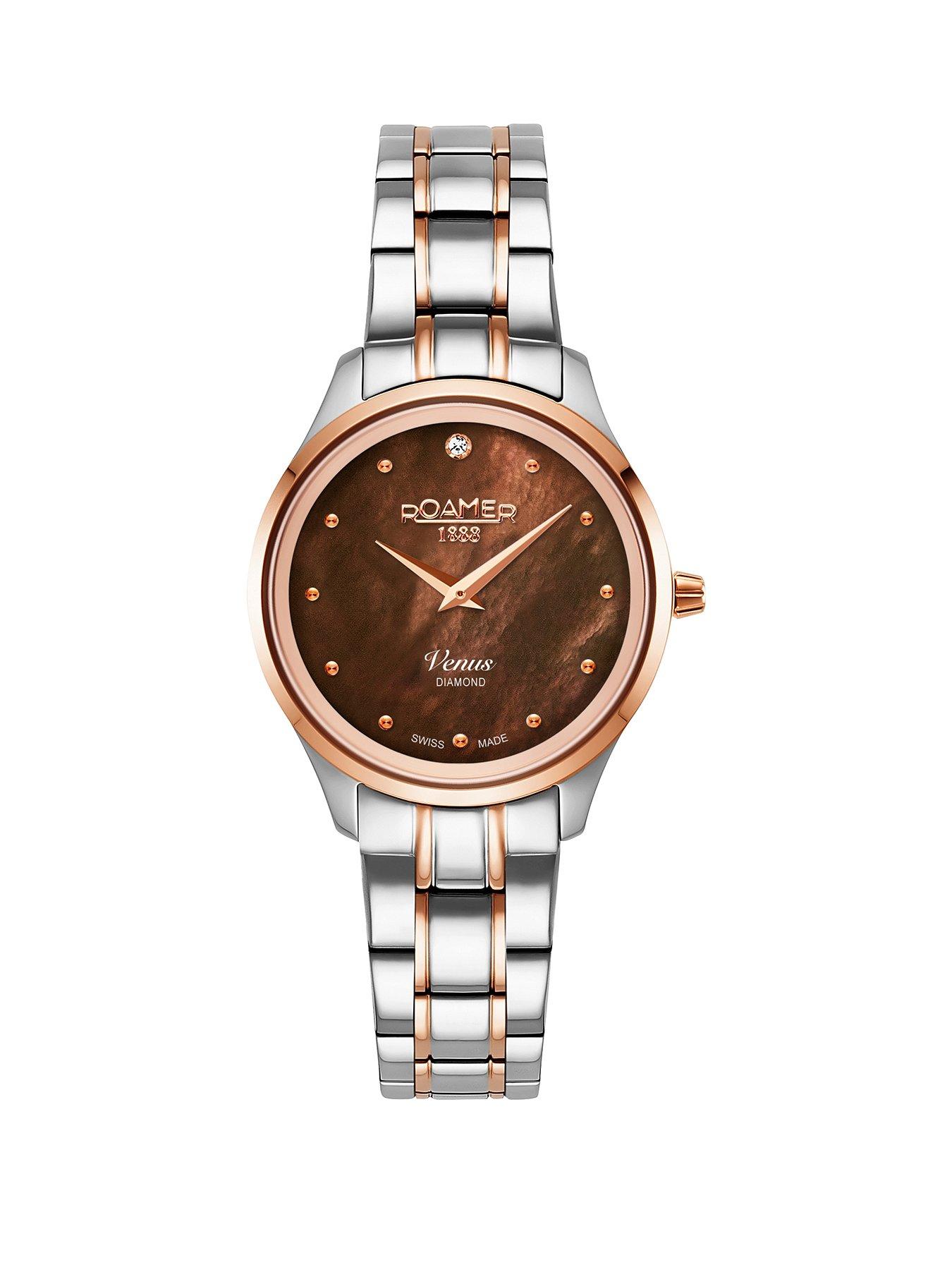 Product photograph of Roamer Swiss Made Venus Diamond Brown Mop Dial Ladies Watch In A Stainless Steel Case And Bracelet from very.co.uk