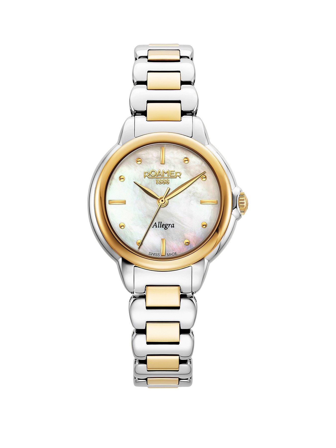 Product photograph of Roamer Swiss Made Allegra Ladies Watch With White Mop Dial In A Gold Ip Two Tone Case And Bracelet from very.co.uk