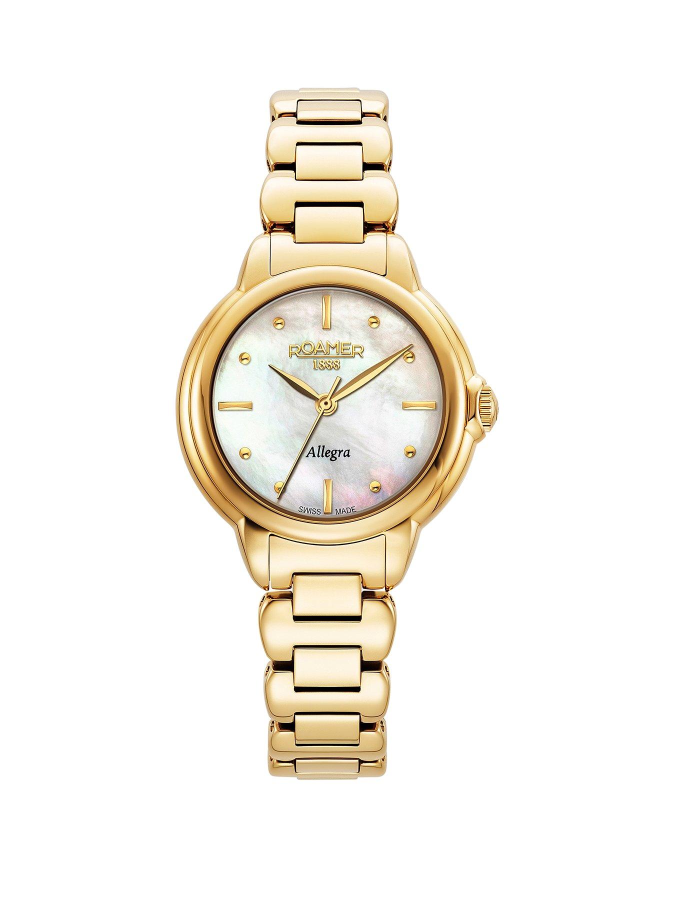 Product photograph of Roamer Swiss Made Allegra Ladies Watch With White Mop Dial In A Gold Ip Case And Bracelet from very.co.uk