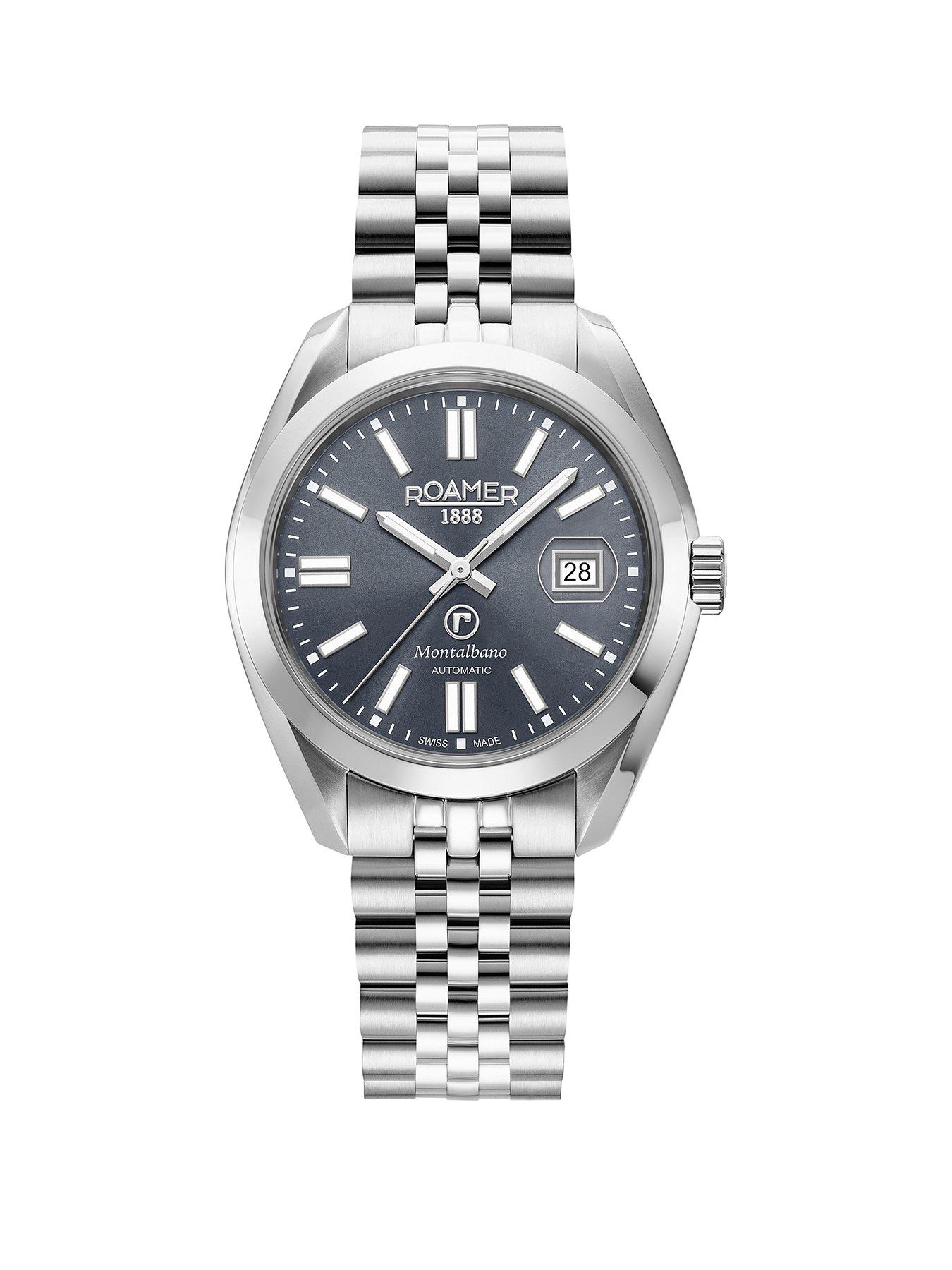 Product photograph of Roamer Swiss Made Montalbano Men S Automatic Watch With Grey Dial In A Stainless Steel Case And Bracelet With Date Feature from very.co.uk