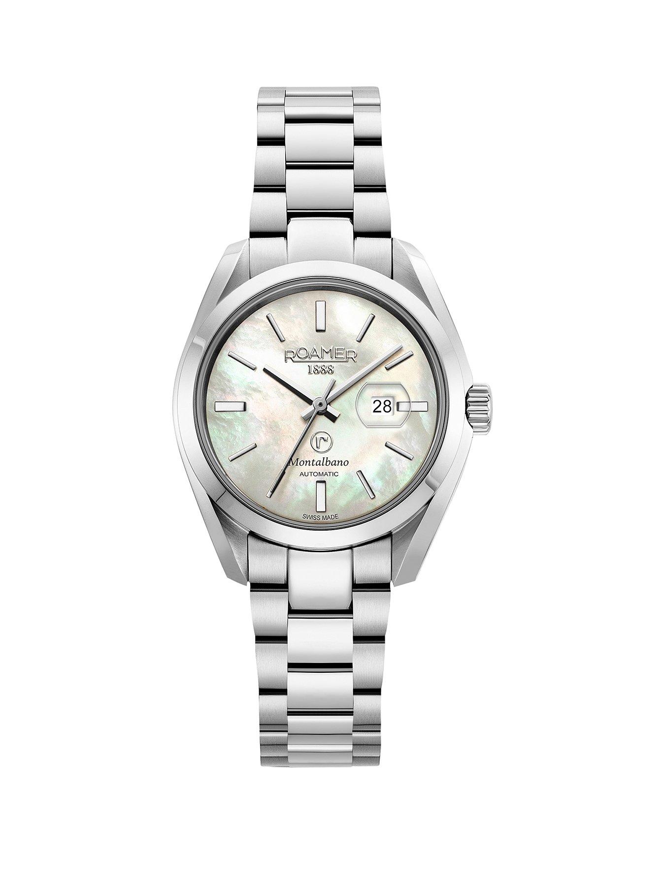 Product photograph of Roamer Swiss Made Montalbano Ladies Automatic Watch With White Mop Dial In A Stainless Steel Case And Bracelet With Date Feature from very.co.uk