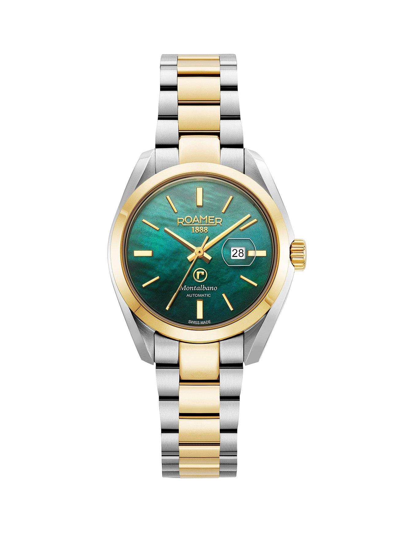 Product photograph of Roamer Swiss Made Montalbano Ladies Automatic Watch With Green Mop Dial In A Gold Ip Two Tone Stainless Steel Case And Bracelet With Date Feature from very.co.uk