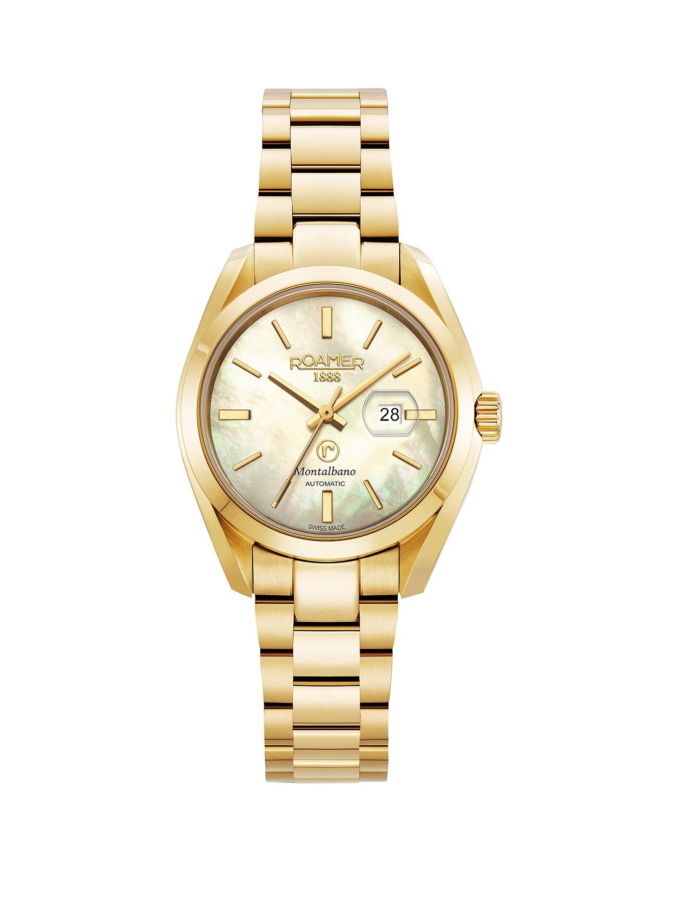 Product photograph of Roamer Swiss Made Montalbano Ladies Automatic Watch With White Mop Dial In A Gold Ip Stainless Steel Case And Bracelet With Date Feature from very.co.uk