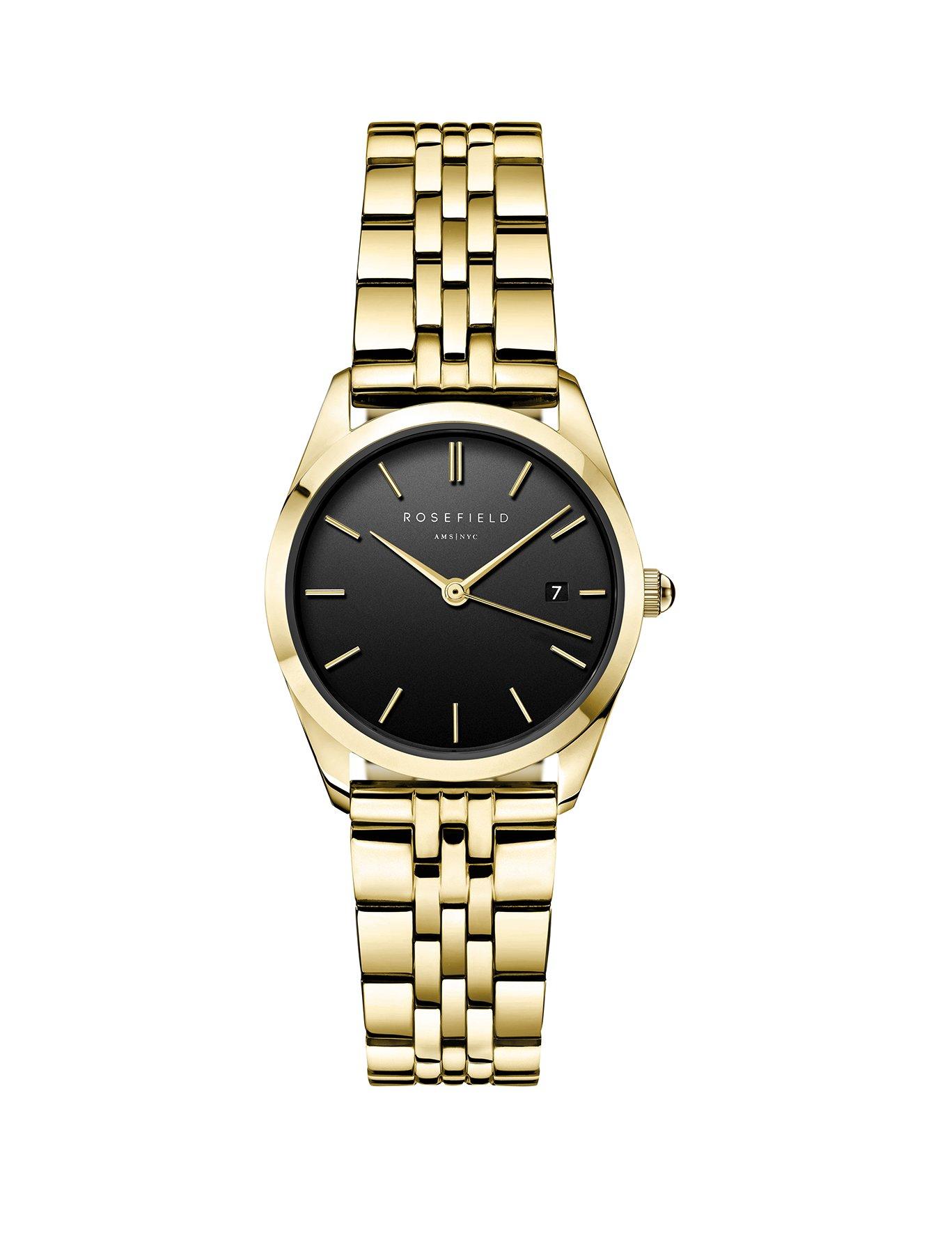 Product photograph of Rosefield Ace Xs Black Sunray Dial With A Gold Ip Case And Stainless Steel Bracelet from very.co.uk