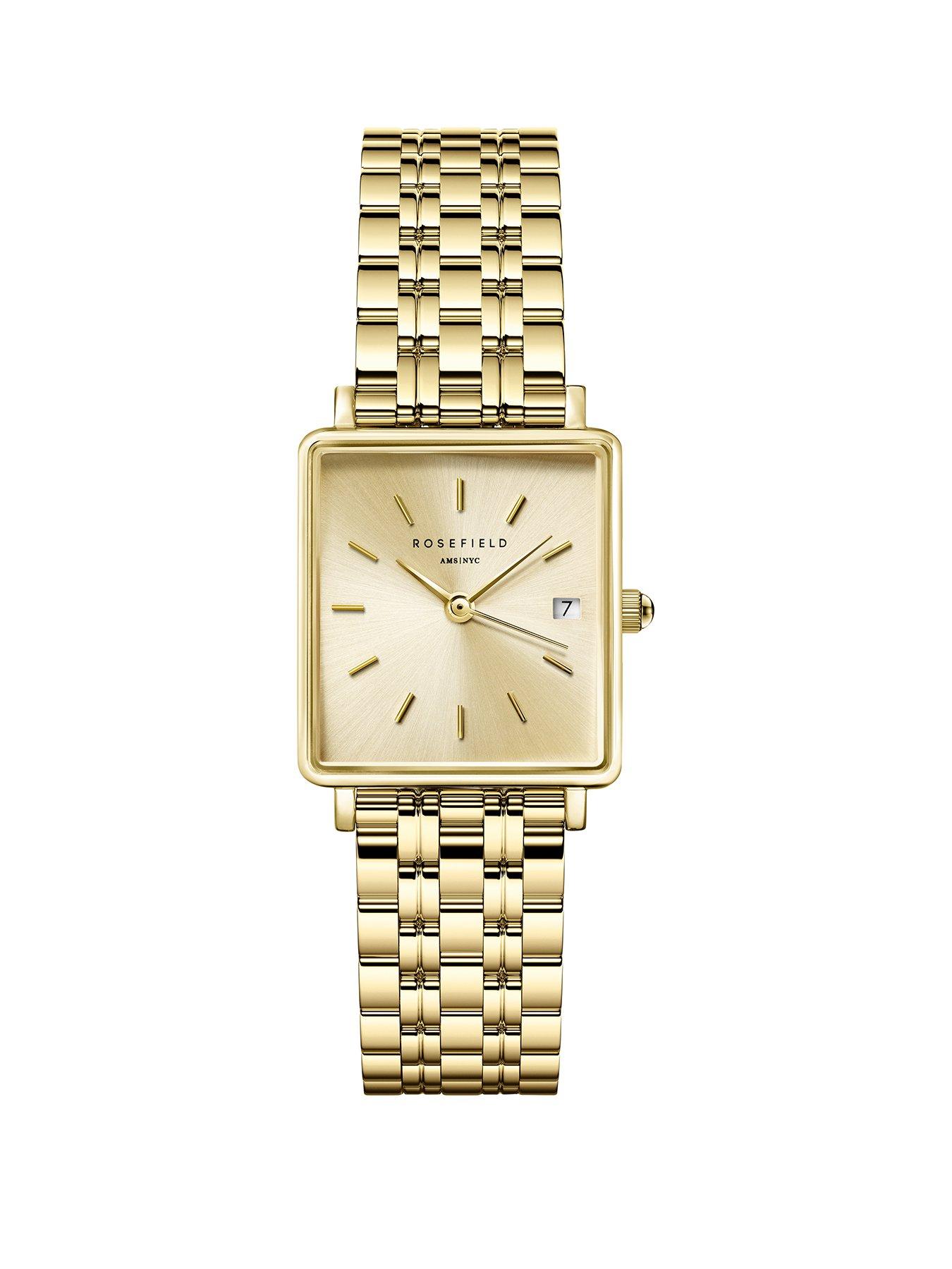 Product photograph of Rosefield Boxy Xs Champagne Dial In A Gold Ip Case And Stainless Steel Bracelet from very.co.uk