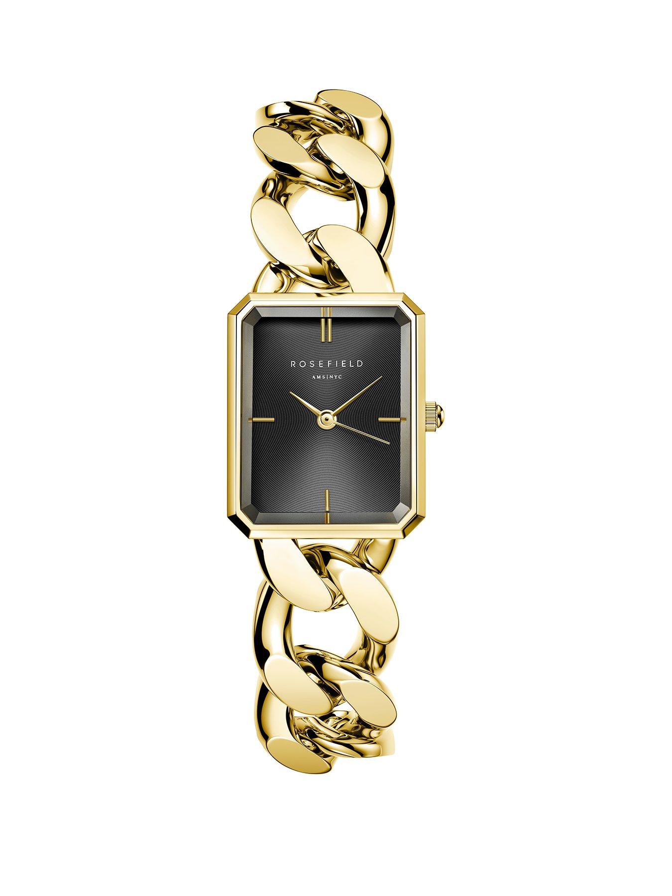 Rosefield Octagon XS Chain Watch Studio Edition with Black Dial in a Gold IP Case and Stainless Steel Bracelet