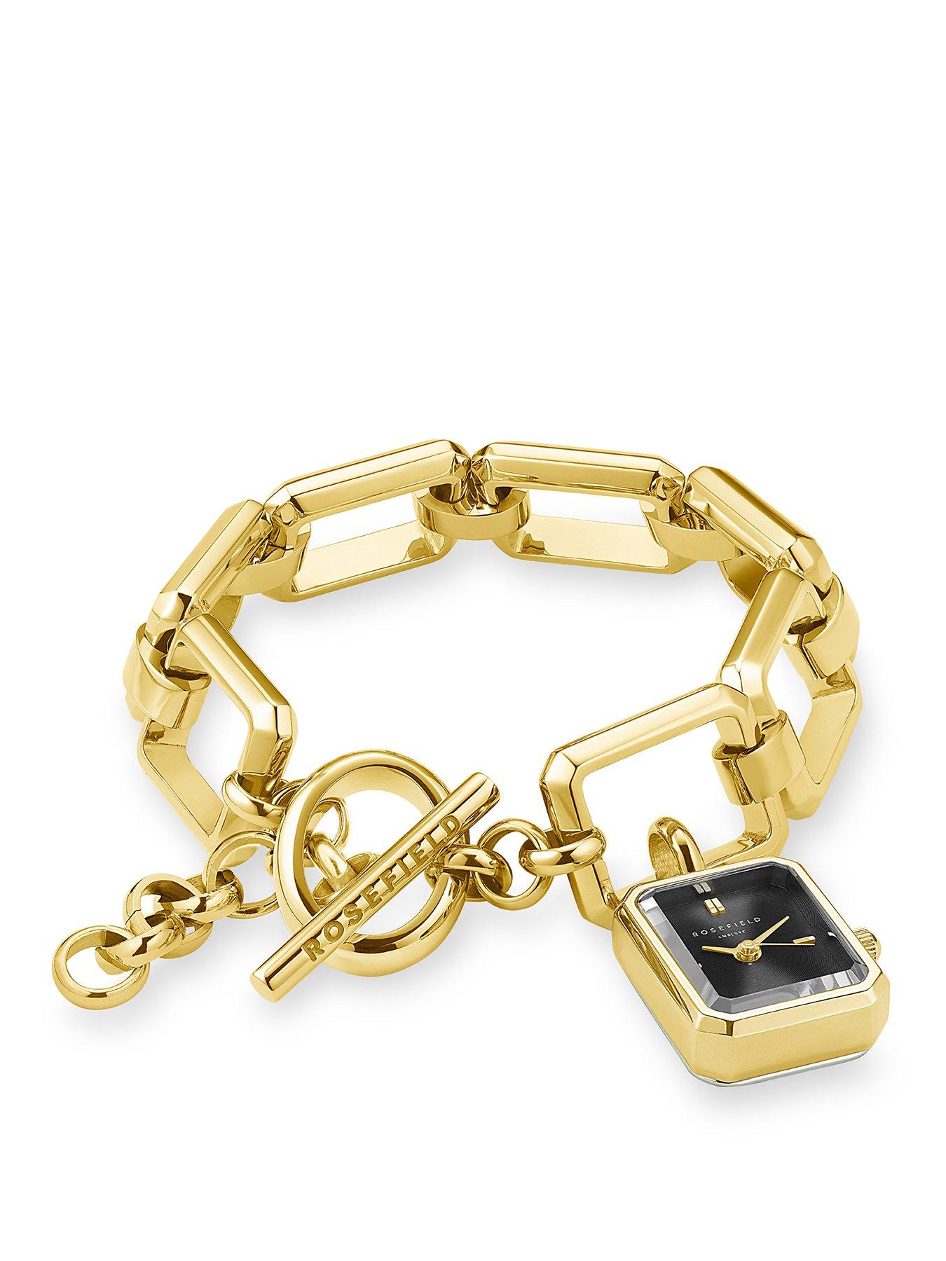Rosefield Octagon Charm Chain Watch with Black Dial in a Gold IP Case and Stainless Steel Bracelet