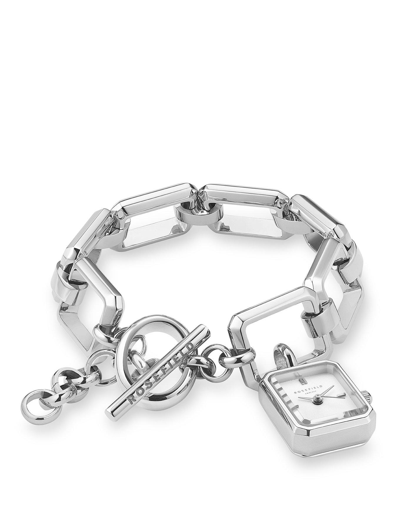 Product photograph of Rosefield Octagon Charm Chain Watch With Silver Dial In A Silver Colour Case And Stainless Steel Bracelet from very.co.uk