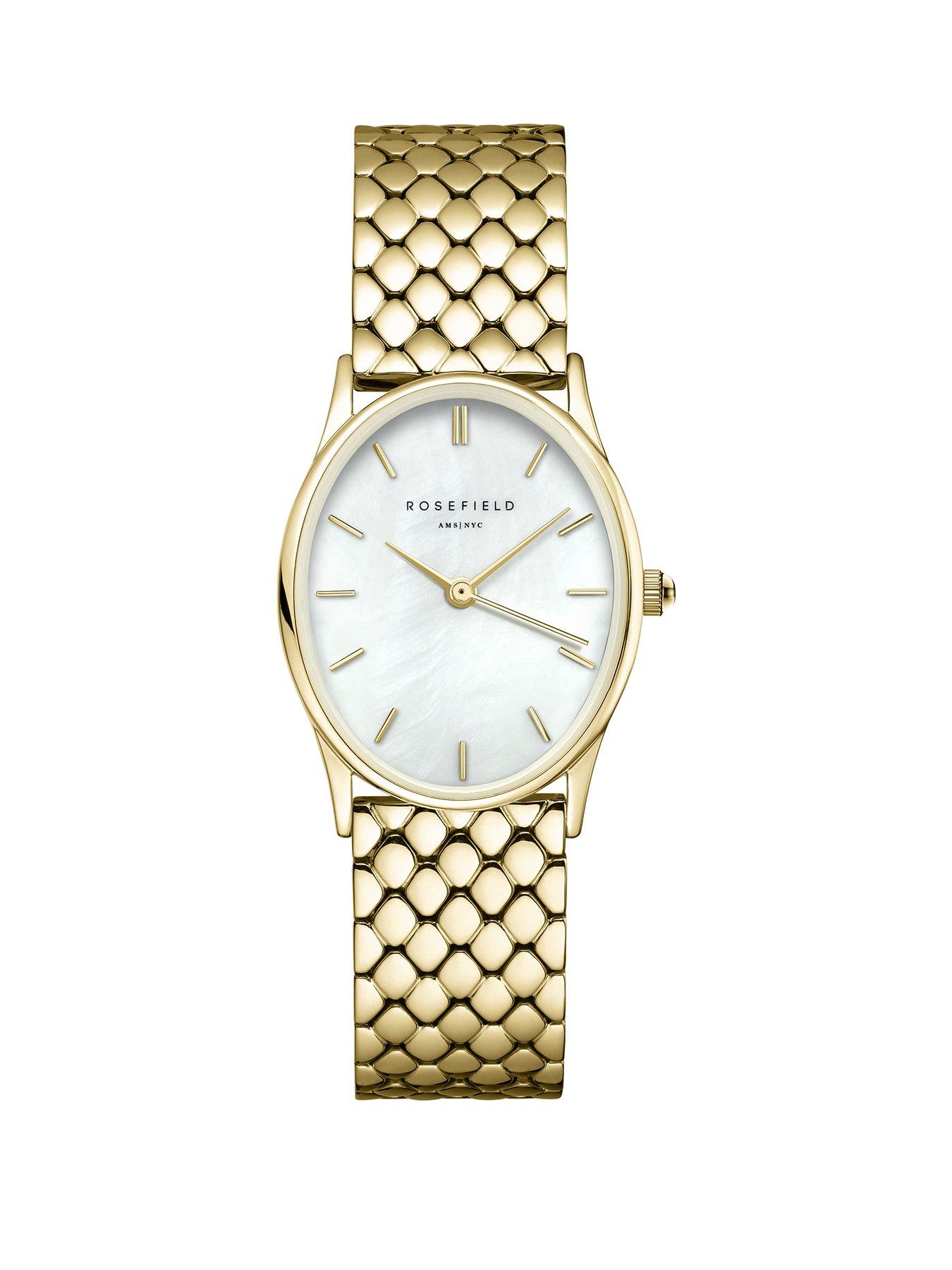 undefined Oval Watch with White MOP Dial in a Gold IP Case and Stainless Steel Bracelet