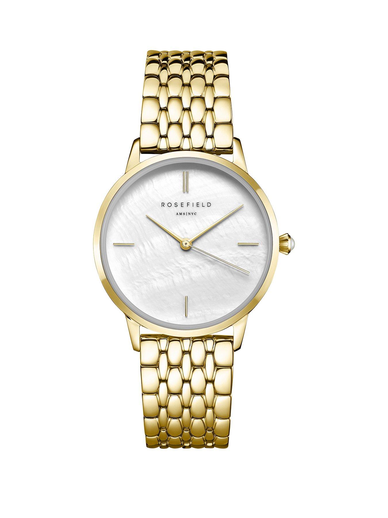 Product photograph of Rosefield Pearl Edit Watch With White Mop Dial In A Gold Ip Case And Stainless Steel Bracelet from very.co.uk