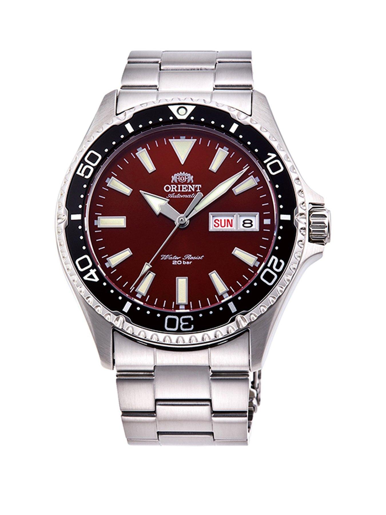 Product photograph of Orient Automatic Mako Iii Divers Watch With Red Dial And Stainless Steel Case And Bracelet 200m W R And Unidirectional Bezel from very.co.uk