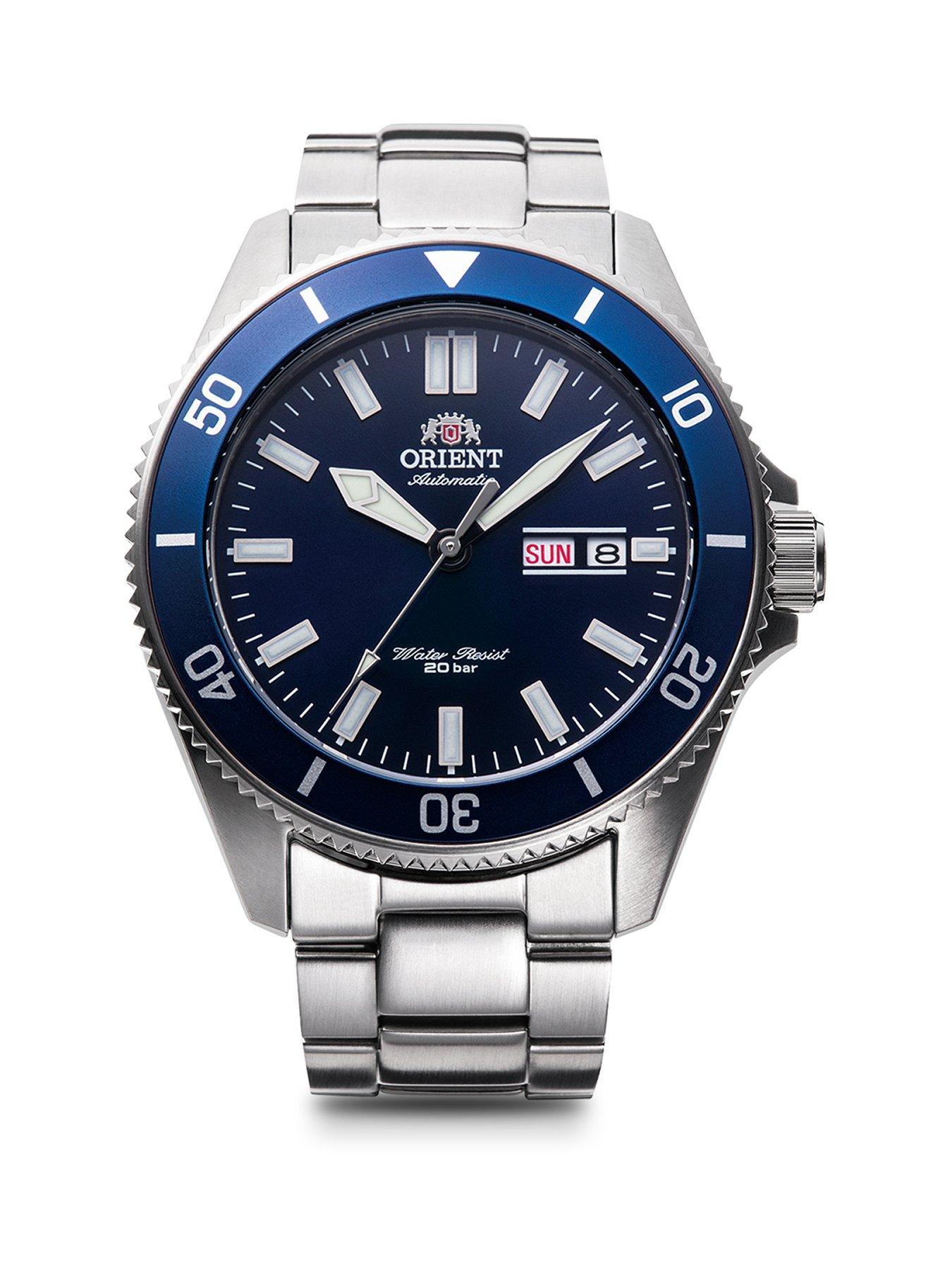 Product photograph of Orient Orient Automaticbig Mako Divers Watch With Blue Dial And Stainless Steel Case And Bracelet 200m W R And Unidirectional Bezel from very.co.uk