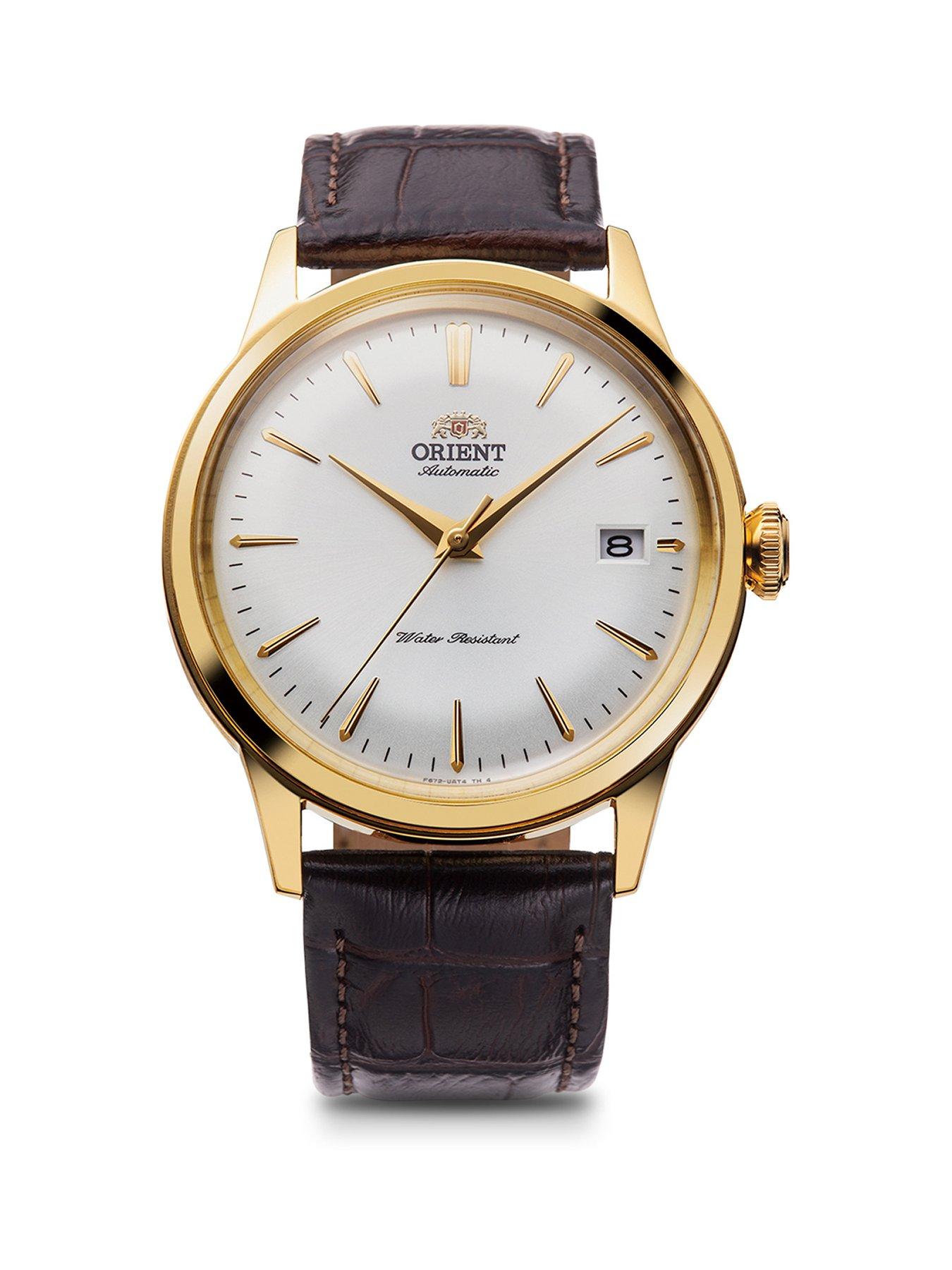 Product photograph of Orient Automatic Bambino Classic With Silver Dial In Gold Ip Case And A Brown Leather Strap from very.co.uk