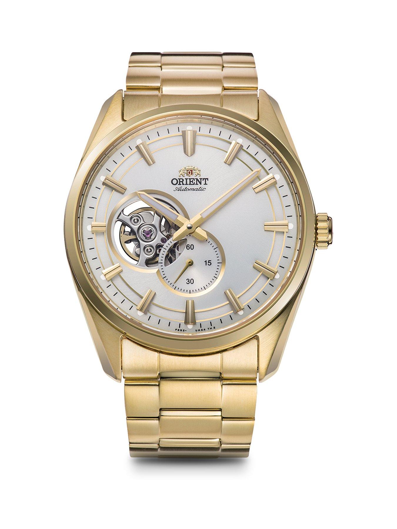 Product photograph of Orient Automatic Contemporary Open Heart Watch With A Silver Dial In A Gold Ip Stainless Steel Case And Bracelet from very.co.uk