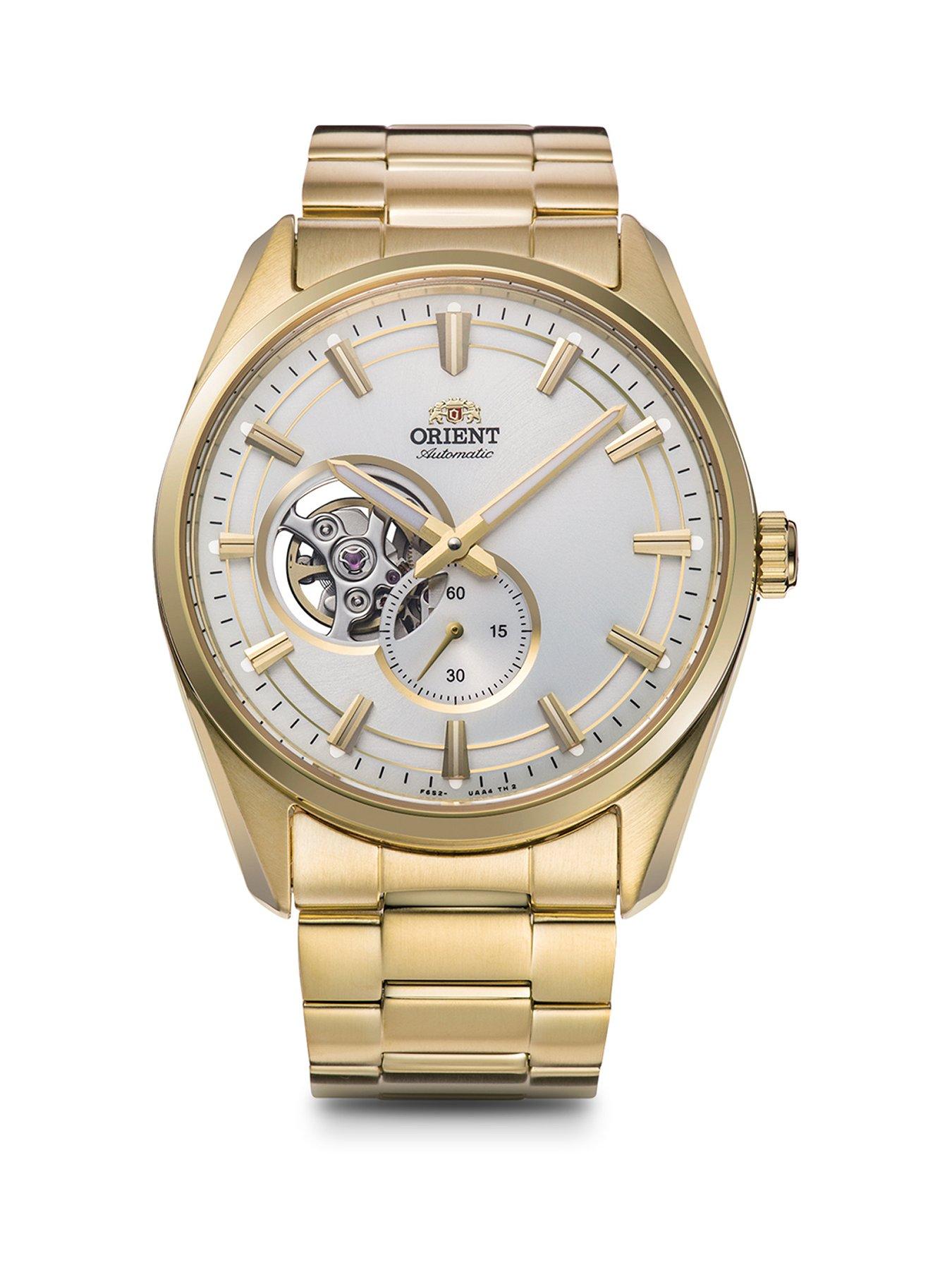 Product photograph of Orient Orient Automatic Contemporary Open Heart Watch With A Silver Dial In A Gold Ip Stainless Steel Case And Bracelet from very.co.uk