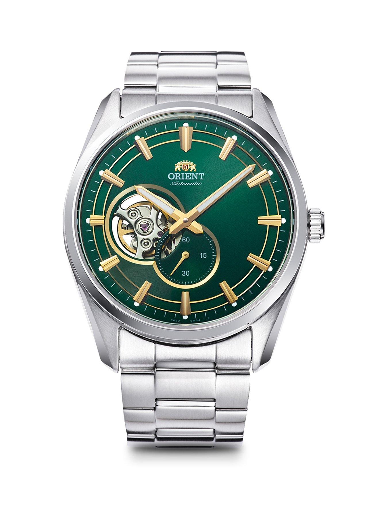 Product photograph of Orient Orient Automatic Contemporary Open Heart Watch With A Green Dial In A Stainless Steel Case And Bracelet from very.co.uk