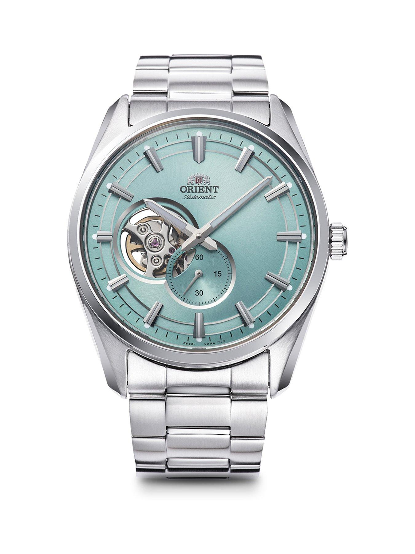 Product photograph of Orient Automatic Contemporary Open Heart Watch With A Light Blue Dial In A Stainless Steel Case And Bracelet from very.co.uk