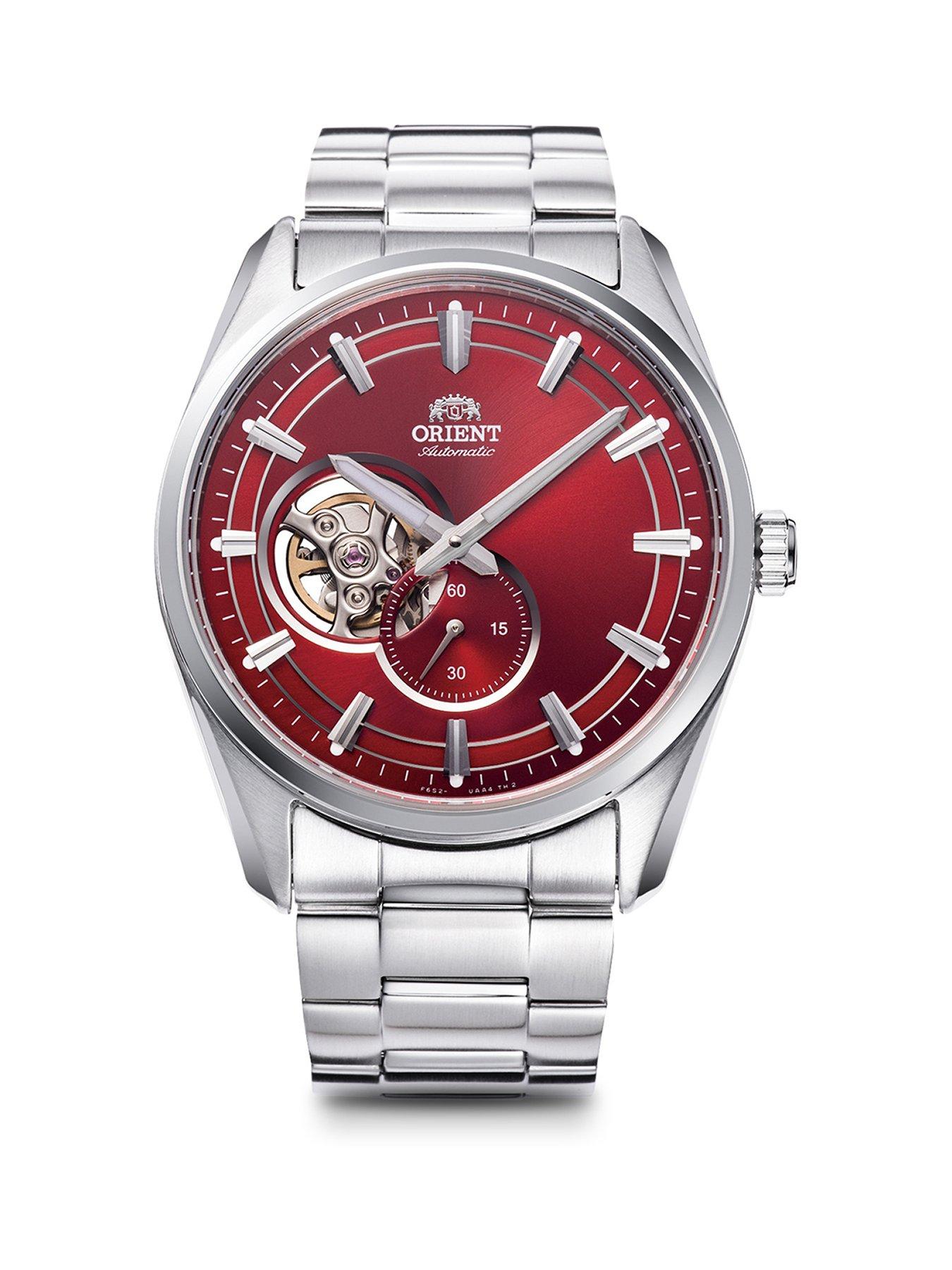 Product photograph of Orient Automatic Contemporary Open Heart Watch With A Red Dial In A Stainless Steel Case And Bracelet from very.co.uk