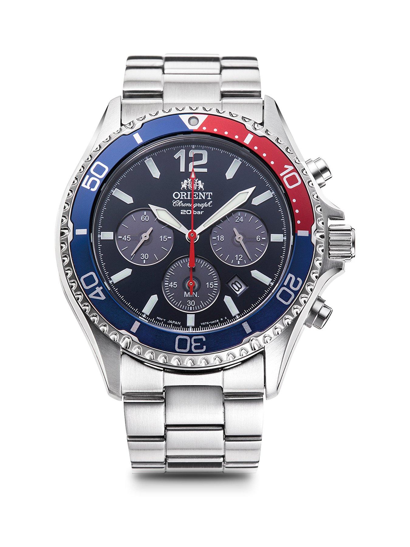 Orient Mako III Solar Powered Divers Chronograph Watch with a Black Dial, Unidirectional Bezel in a Stainless Steel Case and Bracelet