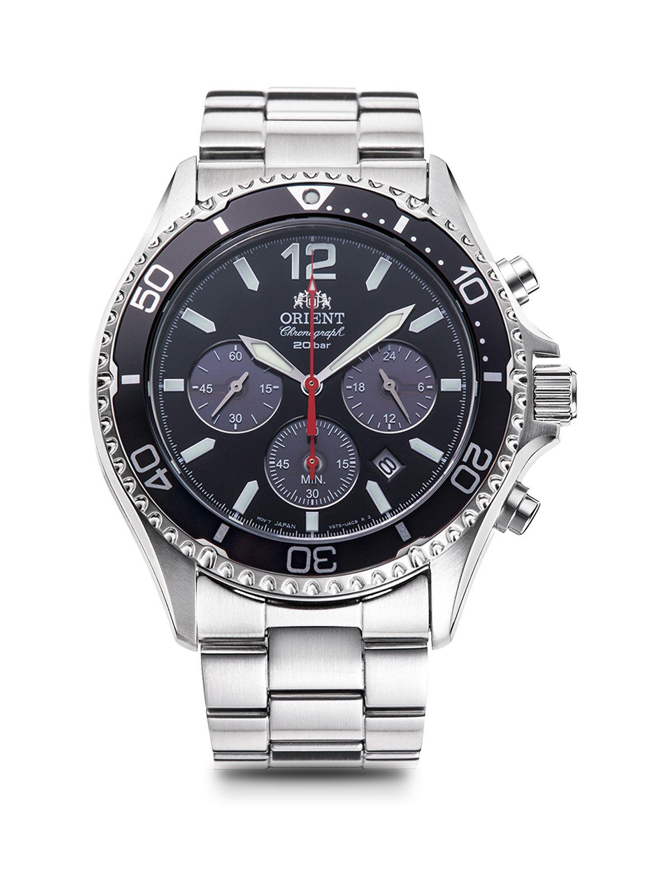 Product photograph of Orient Mako Iii Solar Powered Divers Chronograph Watch With A Black Dial Unidirectional Bezel In A Stainless Steel Case And Bracelet from very.co.uk