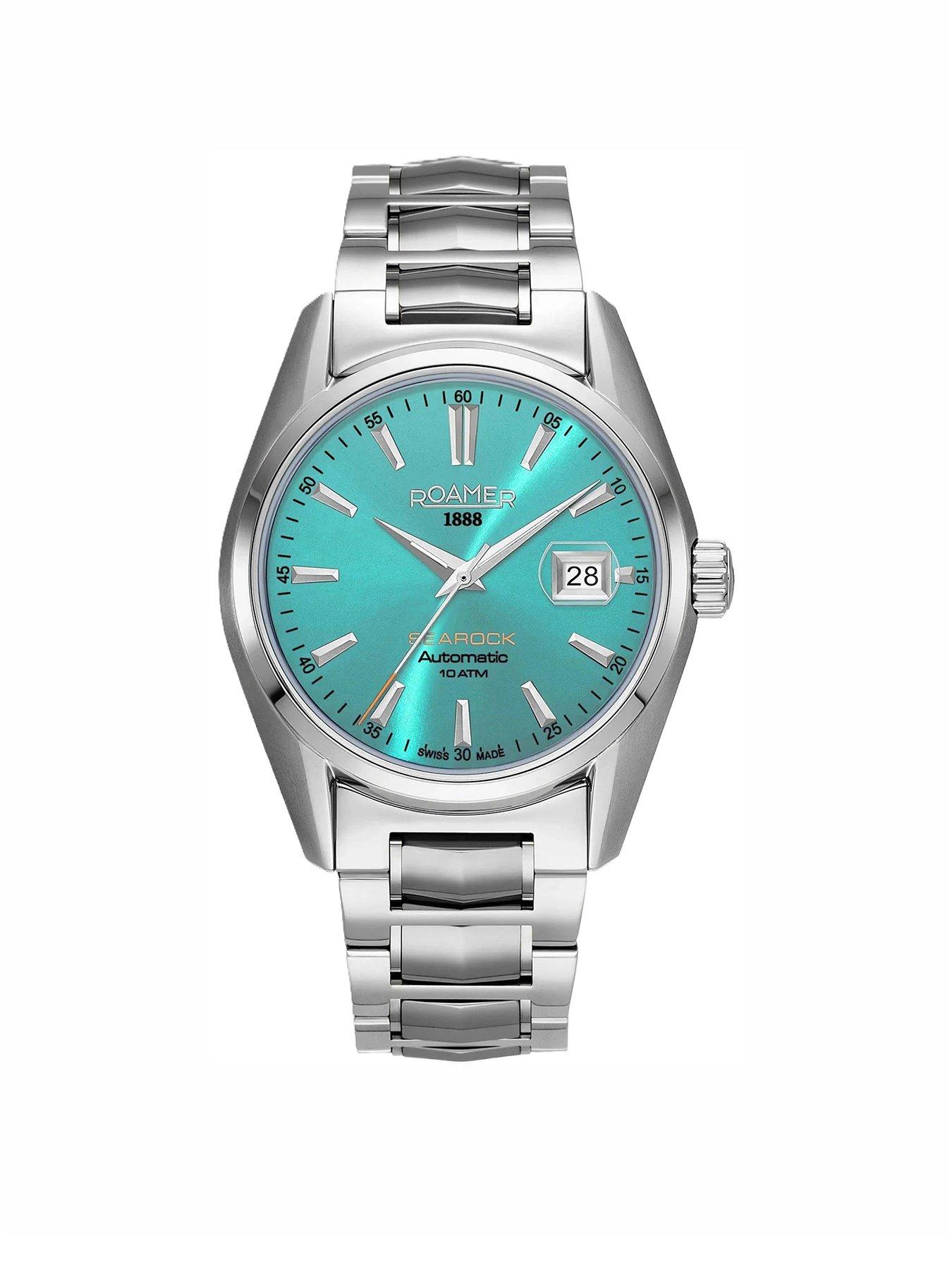 Product photograph of Roamer Swiss Made Searock Automatic Watch With Date Feature Light Blue Dial In A Stainless Steel Case And Bracelet from very.co.uk