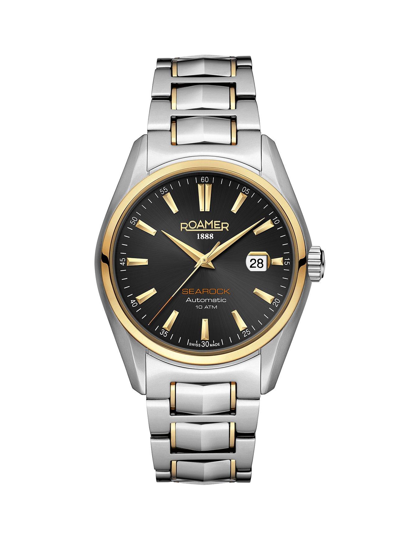 undefined Swiss Made Searock Automatic Watch with date feature. Black Dial in a Gold IP Two Tone Stainless Steel Case and Bracelet