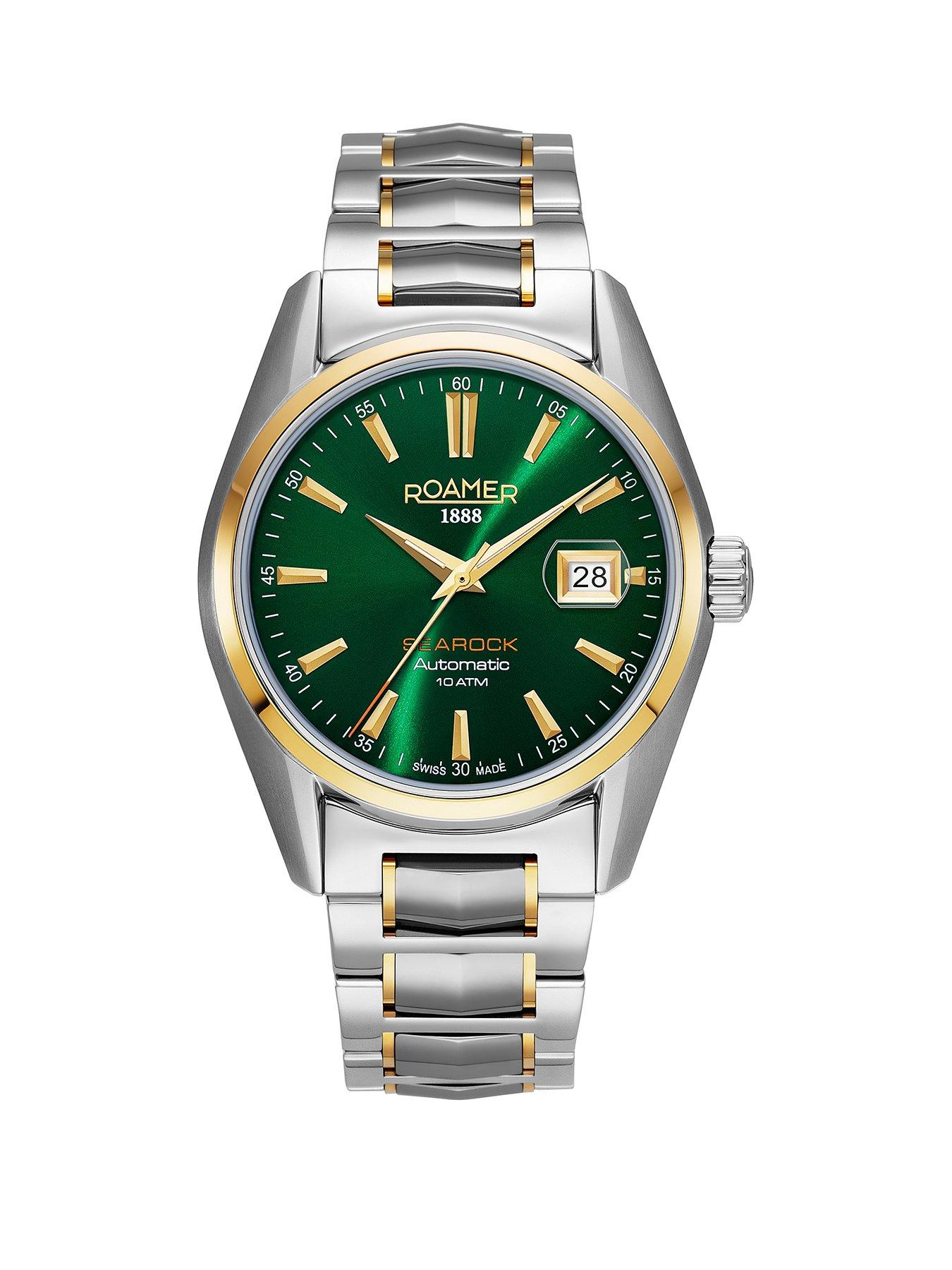 Product photograph of Roamer Swiss Made Searock Automatic Watch With Date Feature Green Dial In A Gold Ip Two Tone Stainless Steel Case And Bracelet from very.co.uk