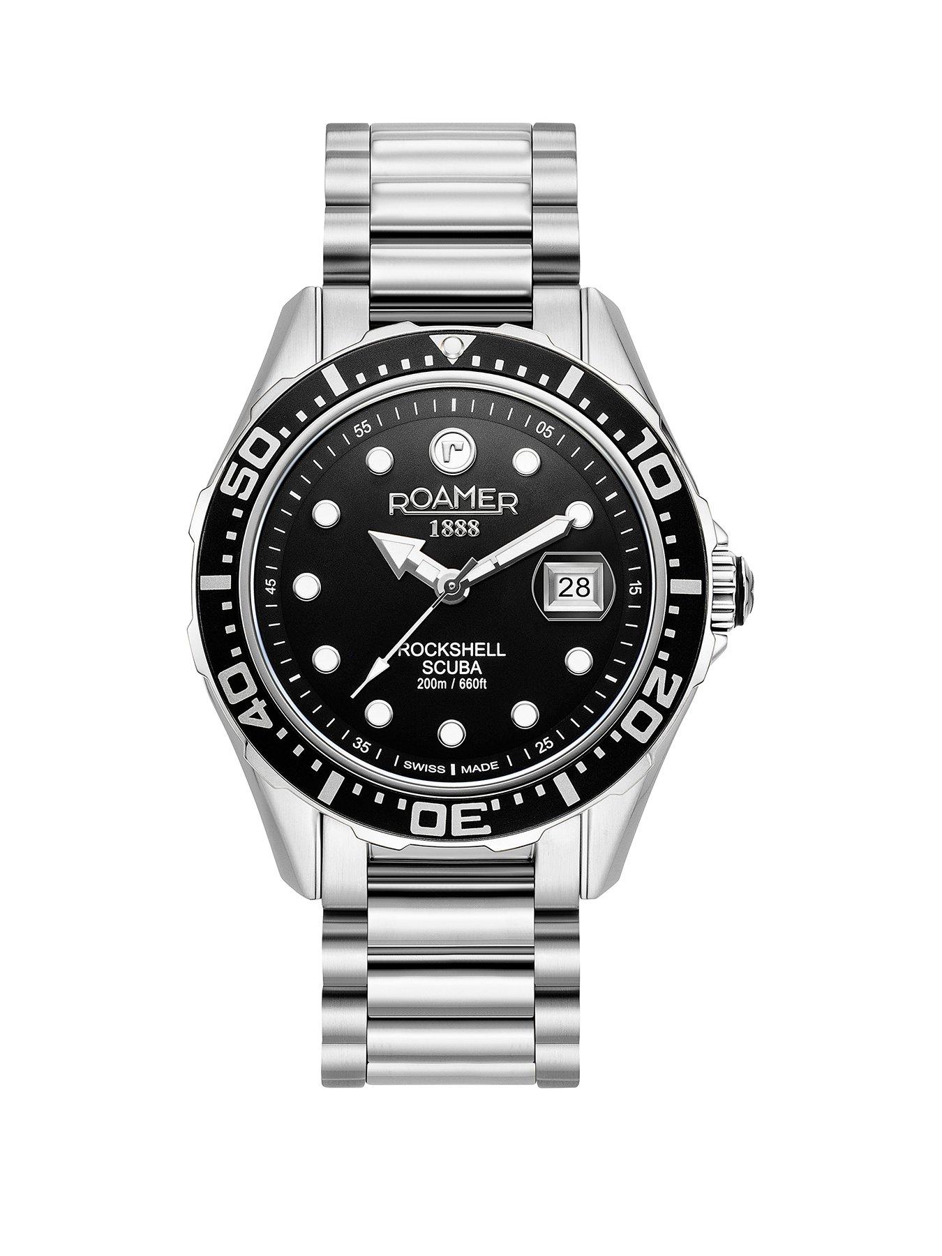 Product photograph of Roamer Swiss Made Rockshell Mark Iii Scuba With Unidirectional Bezel Date Feature And Black Dial In A Stainless Steel Case And Bracelet from very.co.uk