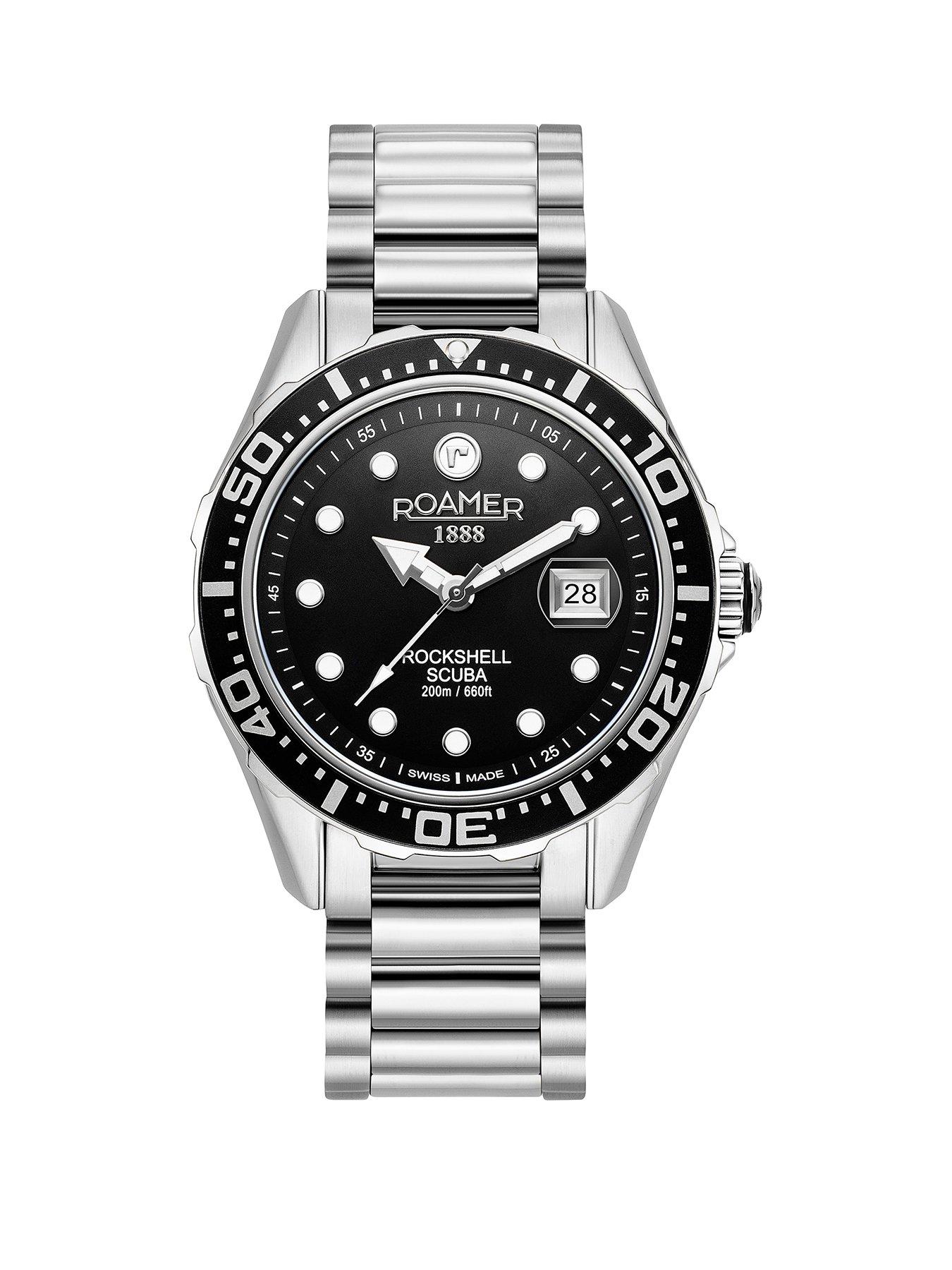Image 1 of 3 of Roamer of Switzerland Swiss Made Rockshell Mark III Scuba with Unidirectional Bezel, Date feature and Black Dial in a Stainless Steel Case and Bracelet