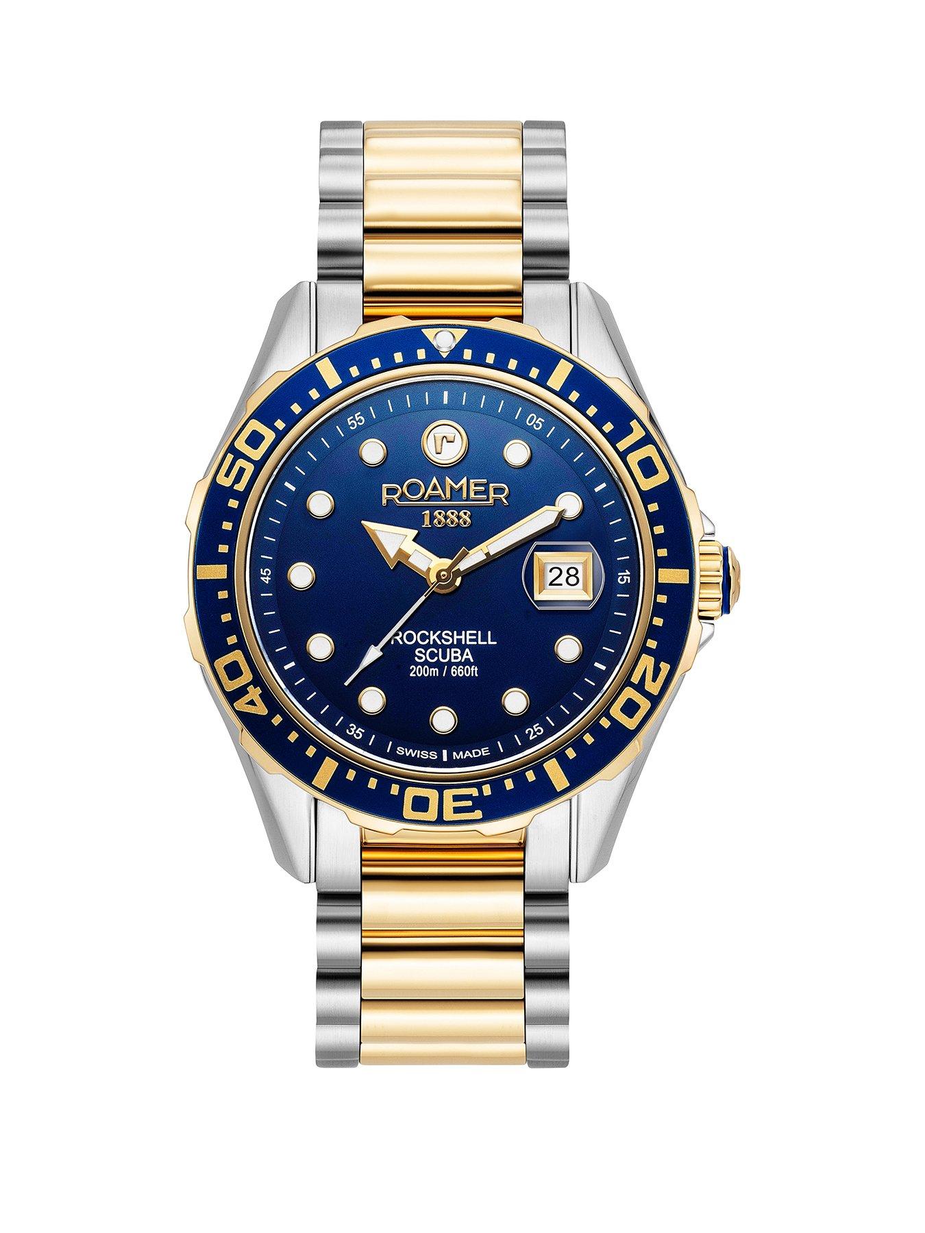 Product photograph of Roamer Swiss Made Rockshell Mark Iii Scuba With Unidirectional Bezel Date Feature And Blue Dial In A Gold Ip Two Tone Stainless Steel Case And Bracelet from very.co.uk