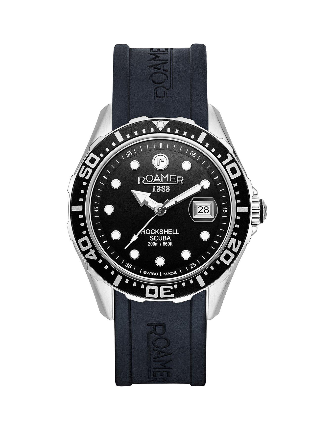 Product photograph of Roamer Swiss Made Rockshell Mark Iii Scuba With Unidirectional Bezel Date Feature And Black Dial In A Stainless Steel Case And Black Silicone Strap from very.co.uk