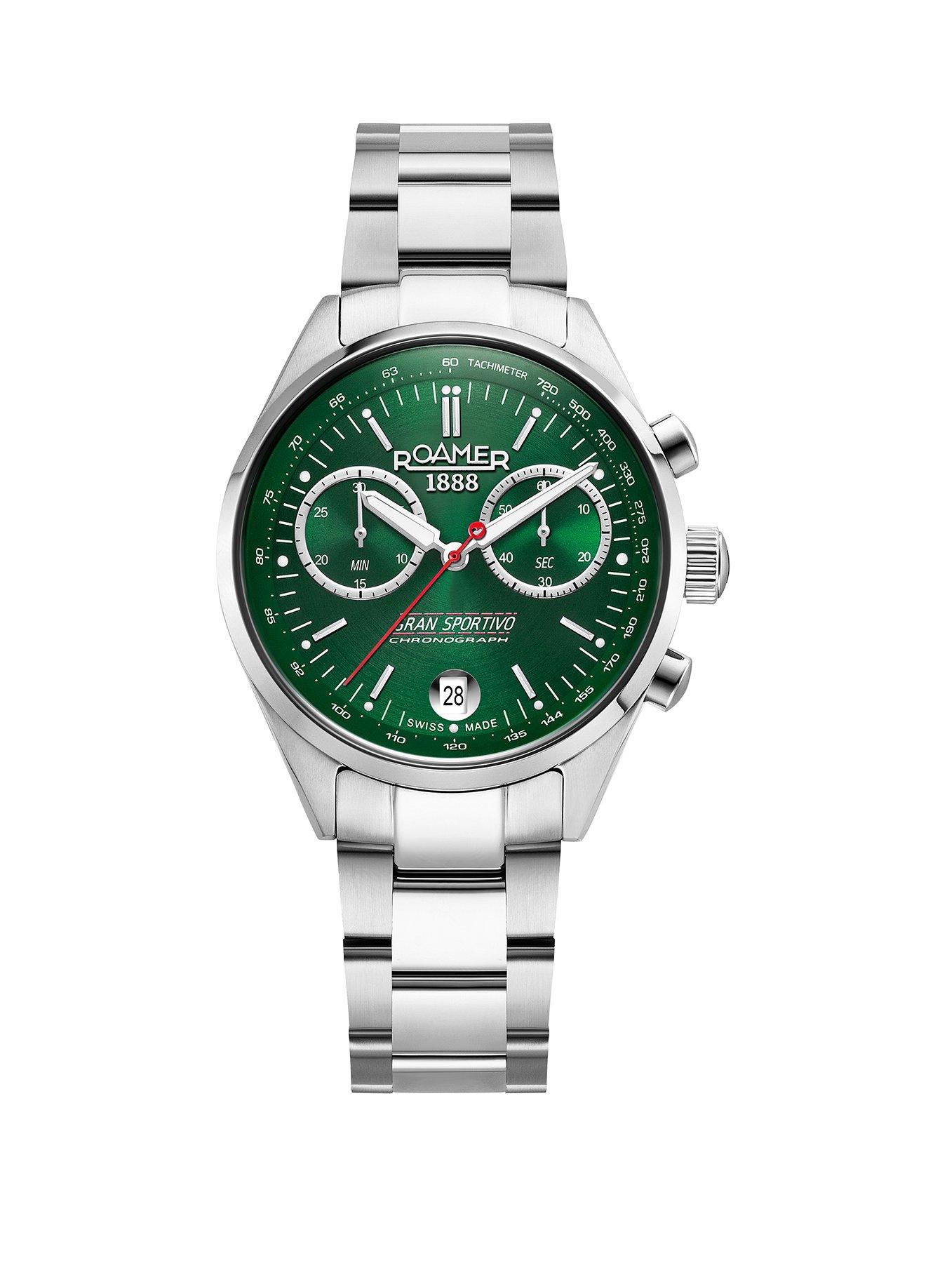 Product photograph of Roamer Swiss Made Gran Sportivo Boxed Set Green Dial Chronograph Set In A Stainless Steel Case And Bracelet With Additional Green Leather Strap from very.co.uk