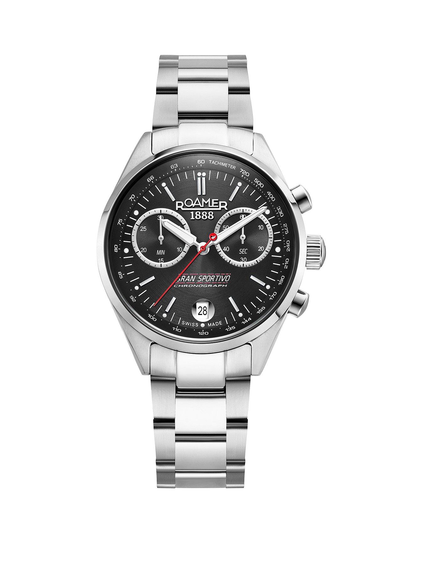 Product photograph of Roamer Swiss Made Gran Sportivo Boxed Set Black Dial Chronograph Set In A Stainless Steel Case And Bracelet With Additional Black Leather Strap from very.co.uk