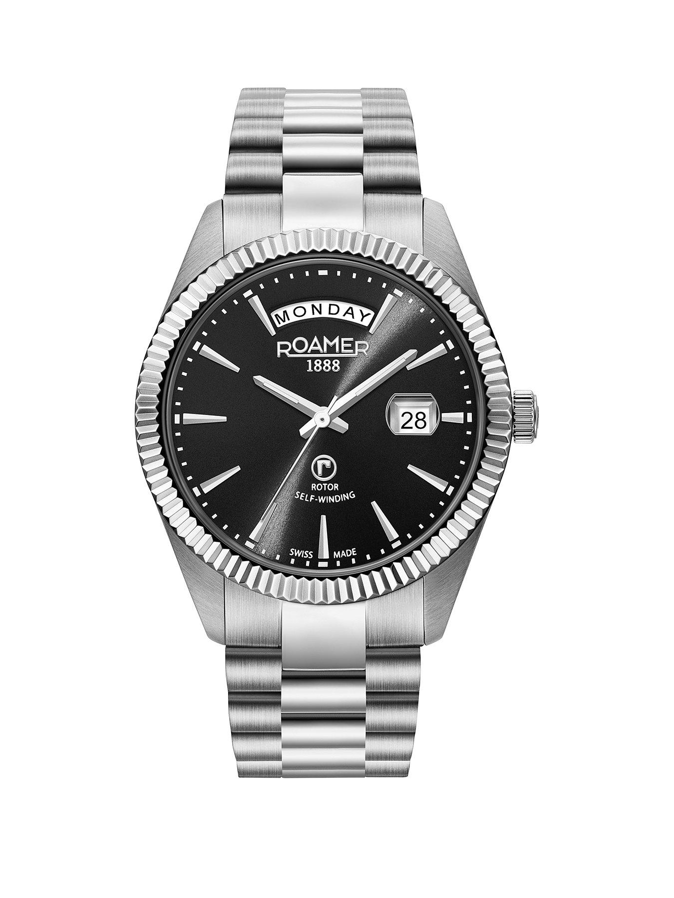 Product photograph of Roamer Swiss Made Primeline Daydate Automatic Men S Watch With Black Dial And Day Date Feature In A Stainless Steel Case And Bracelet from very.co.uk